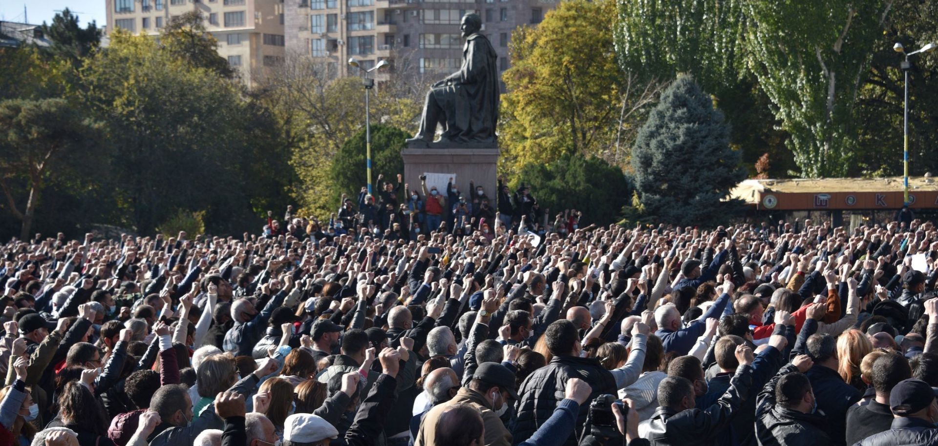 Armenians gather in Yerevan on Nov. 11, 2020, to protest against their country’s agreement to end fighting with Azerbaijan over the disputed Nagorno-Karabakh region.