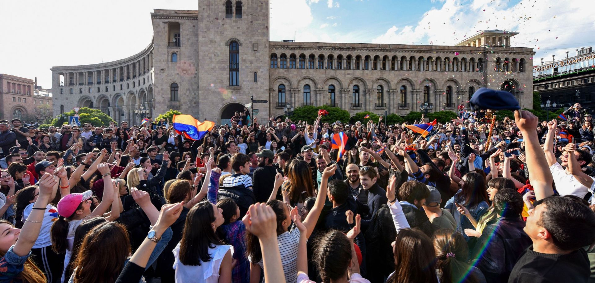 Armenians in the capital Yerevan celebrate Serzh Sarkisian's resignation as prime minister on April 23, 2018.