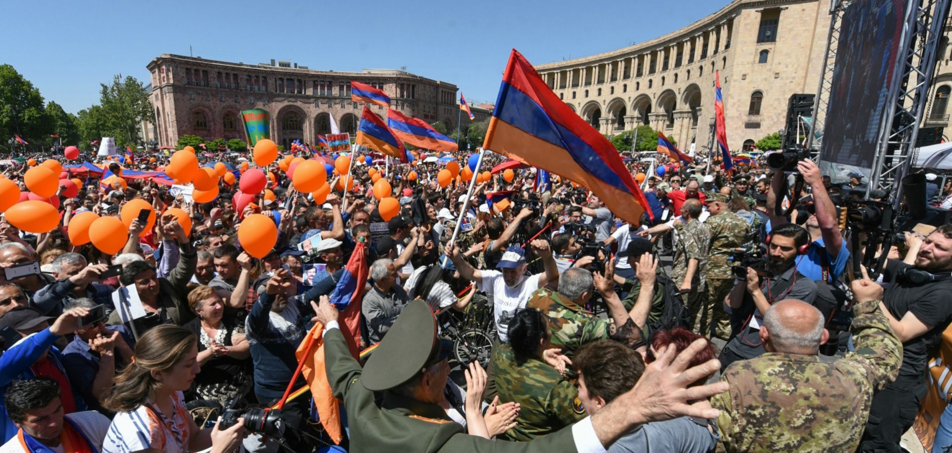 Protesters attend a rally in support of opposition leader Nikol Pashinyan in the Armenian capital of Yerevan on May 1.