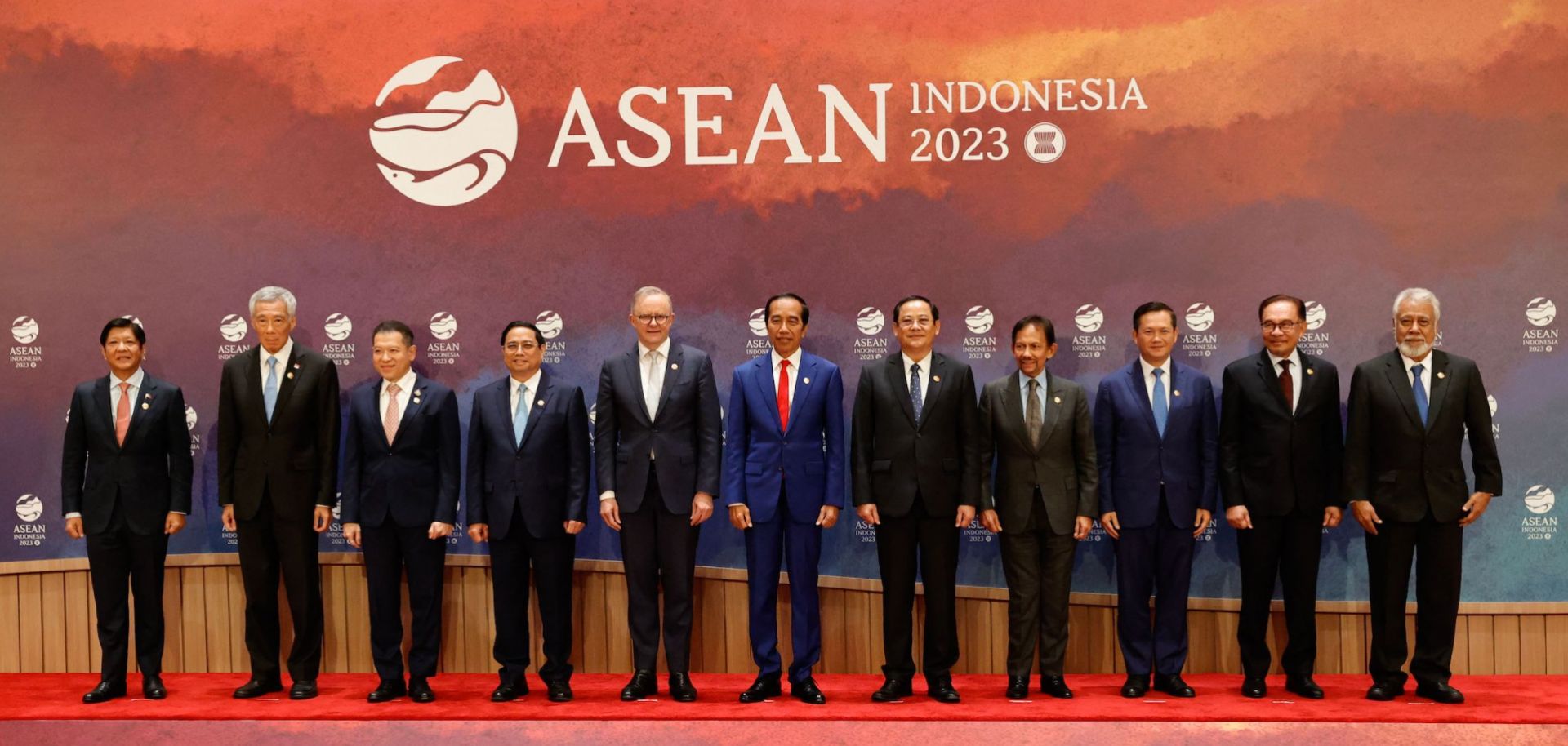 Regional leaders pose for a group photo before the ASEAN-Australia summit, held as part of the 43rd ASEAN summit in Jakarta, Indonesia, on Sept. 7, 2023. From left to right stand the Philippines' President Ferdinand Marcos Jr., Singapore's Prime Minister Lee Hsien Loong, Thailand's Permanent Secretary of the Ministry of Foreign Affairs Sarun Charoensuwan, Vietnam's Prime Minister Pham Minh Chinh, Australia's Prime Minister Anthony Albanese, Indonesia's President Joko "Jokowi" Widodo, Laos' Prime Minister So