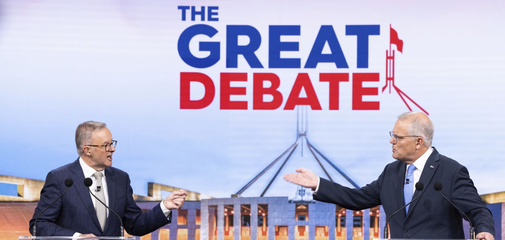 Australian opposition leader Anthony Albanese and Australian Prime Minister Scott Morrison (R) debate on live TV ahead of the federal election on May 8, 2022, in Sydney. 