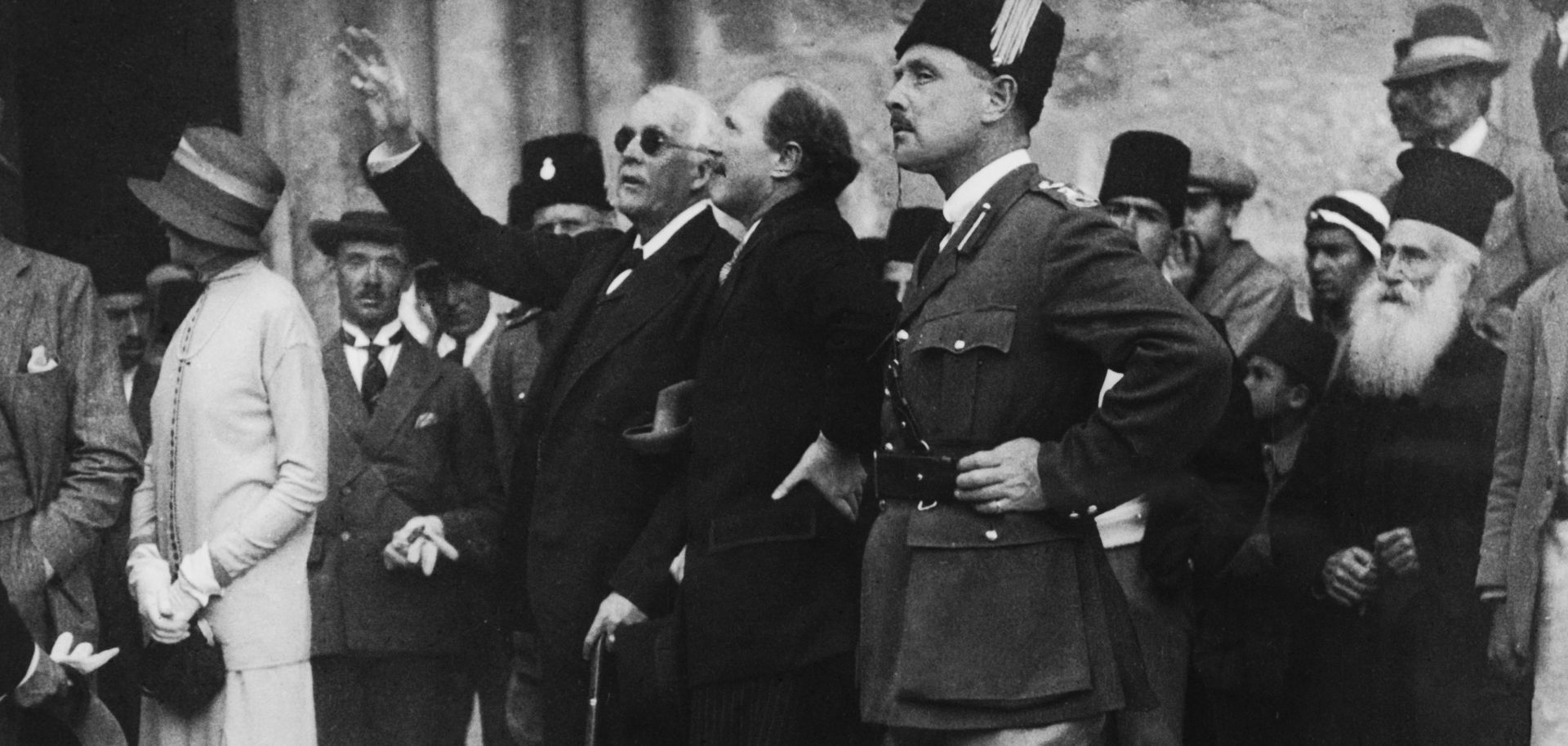 British politician Lord Arthur Balfour points out a feature of a nearby church during a visit to Jerusalem on April 9, 1925.