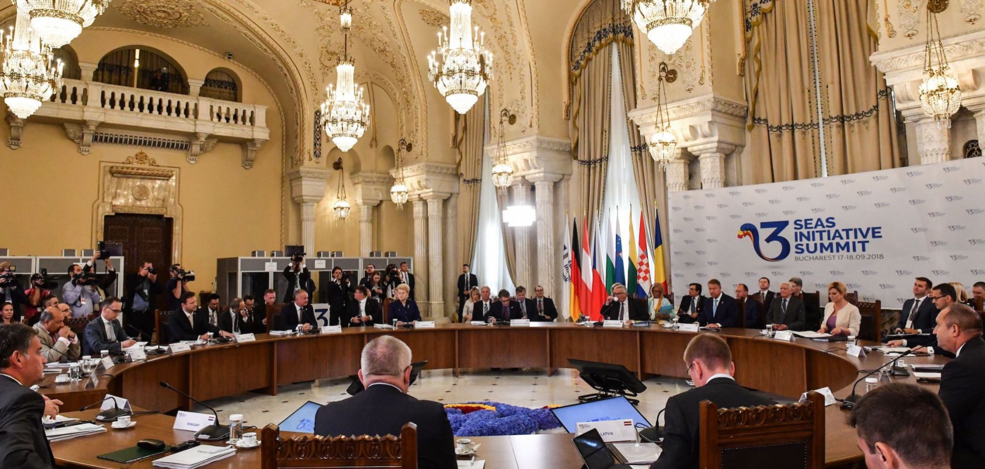 European Commission President Jean-Claude Juncker (center) and representatives of the Three Seas Initiative take part in a summit on Sept. 18 in Romania.