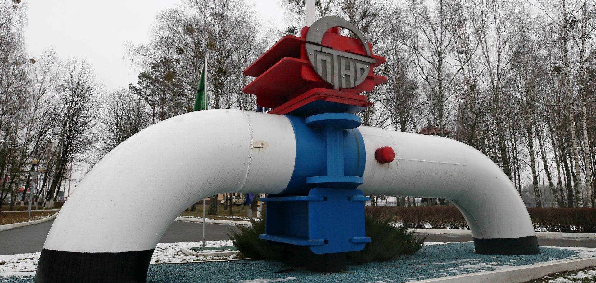 A monument depicts an oil pipeline near the Mozyr linear production dispatching station in Belarus on Jan. 4, 2020.