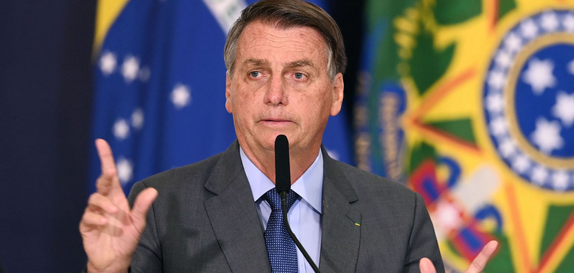 Brazilian President Jair Bolsonaro speaks during a press conference on July 27, 2021. 