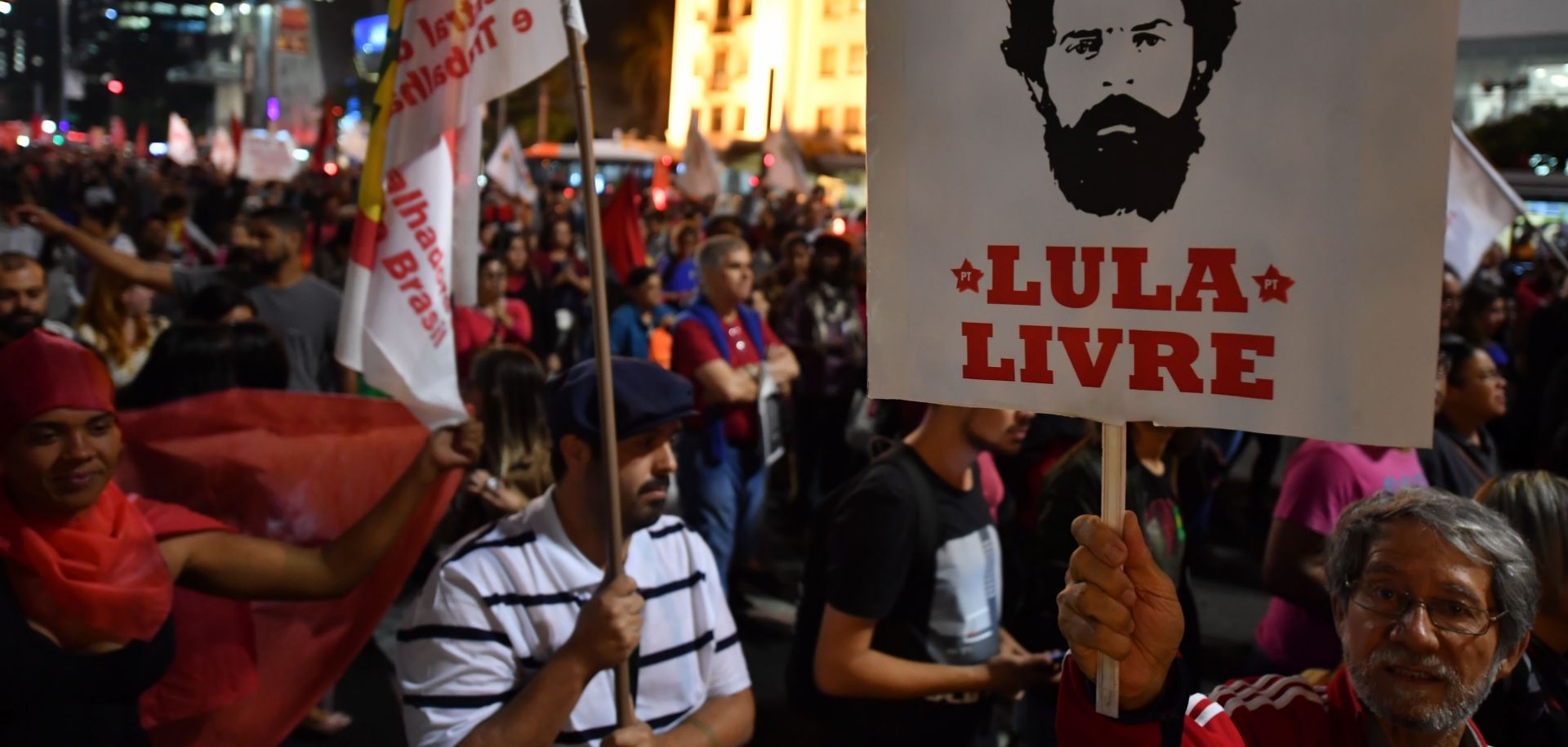 A demonstrator holding a "Free Lula" sign shows his support for former Brazilian President Luiz Inacio Lula da Silva during a May 30, 2018, protest in Sao Paulo. Da Silva was imprisoned in April on a corruption conviction.