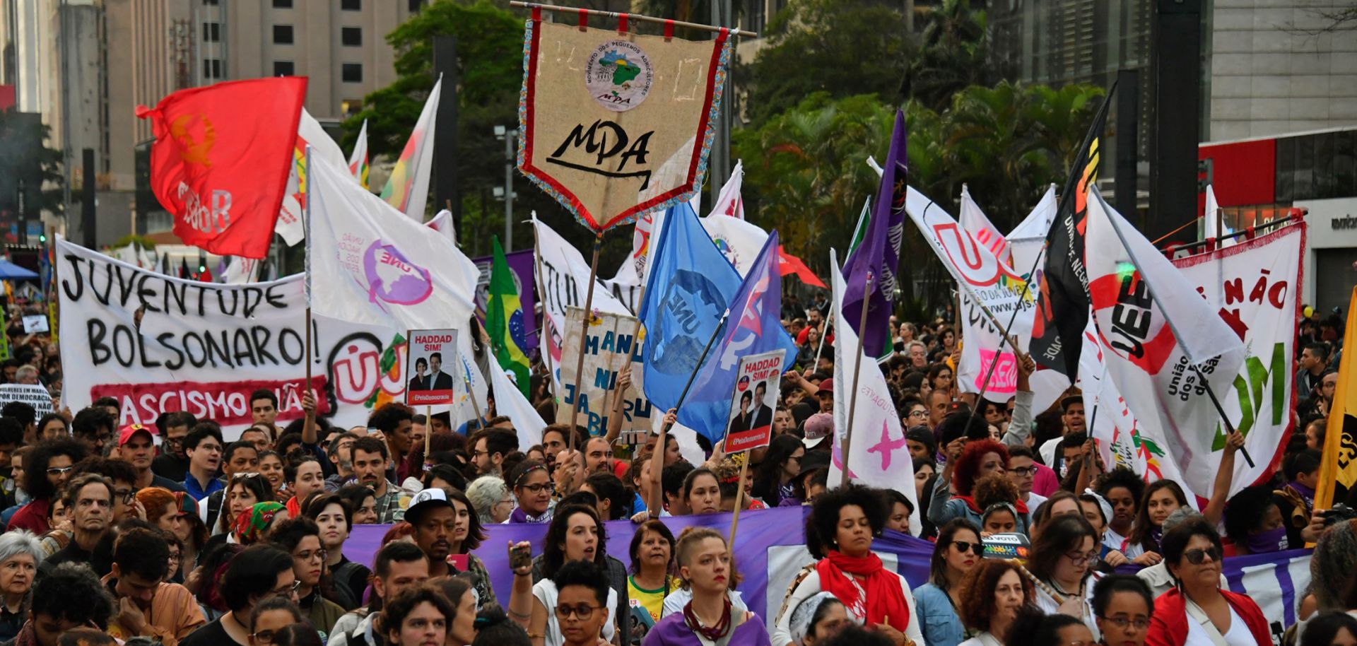 A picture showing Brazilians rallying against far-right populist presidential candidate Jair Bolsonaro in Sao Paulo on Oct. 20.