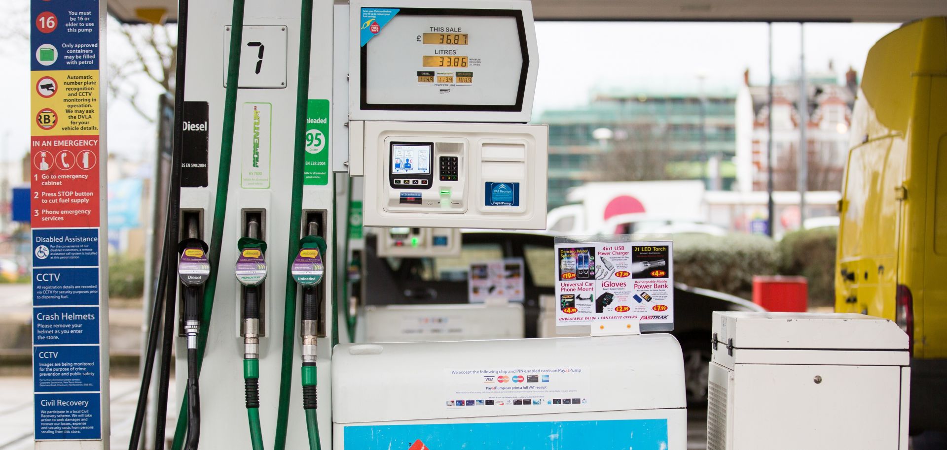 A gasoline pump in London. Oil prices are up 59 percent since 2017 lows in June.