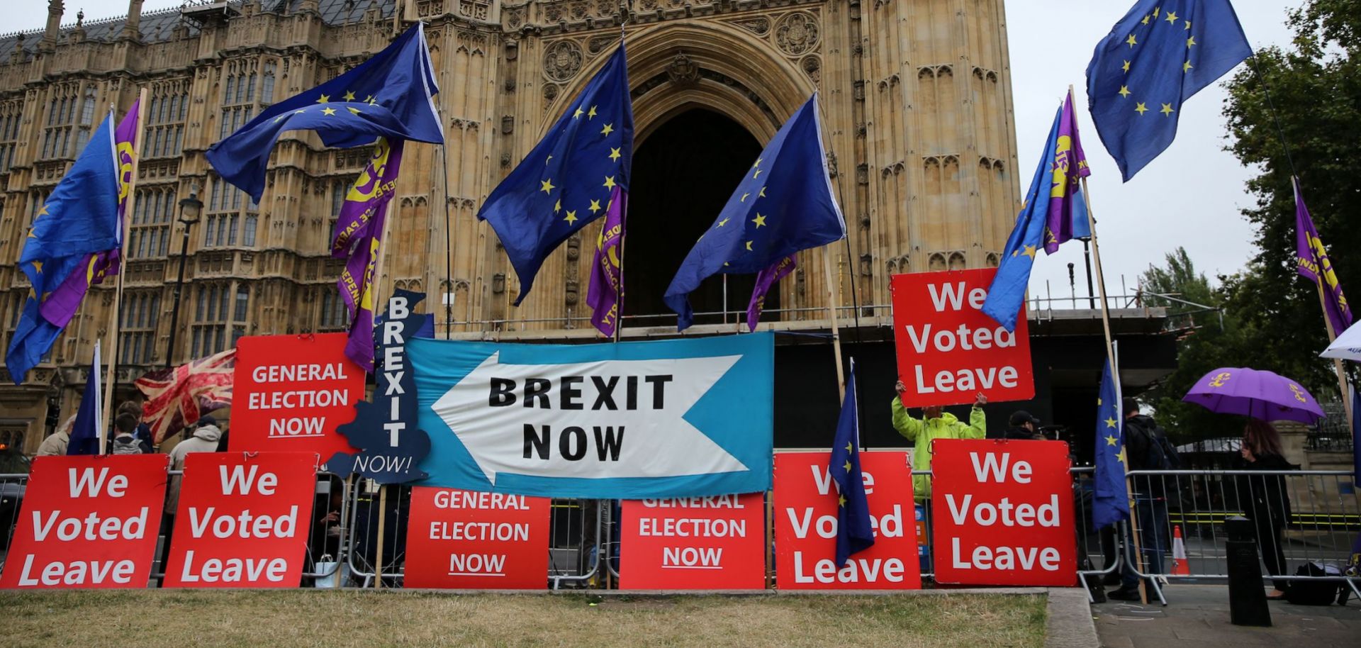Pro-Brexit protesters stage a rally outside the Houses of Parliament in London on Sept. 9, 2019.