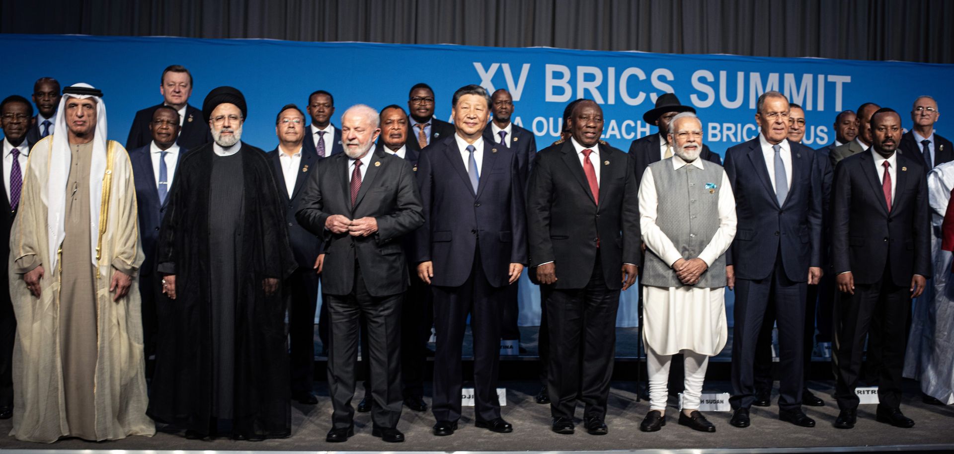 Leaders at the closing day of the BRICS Summit on Aug. 24, 2023, in Johannesburg.