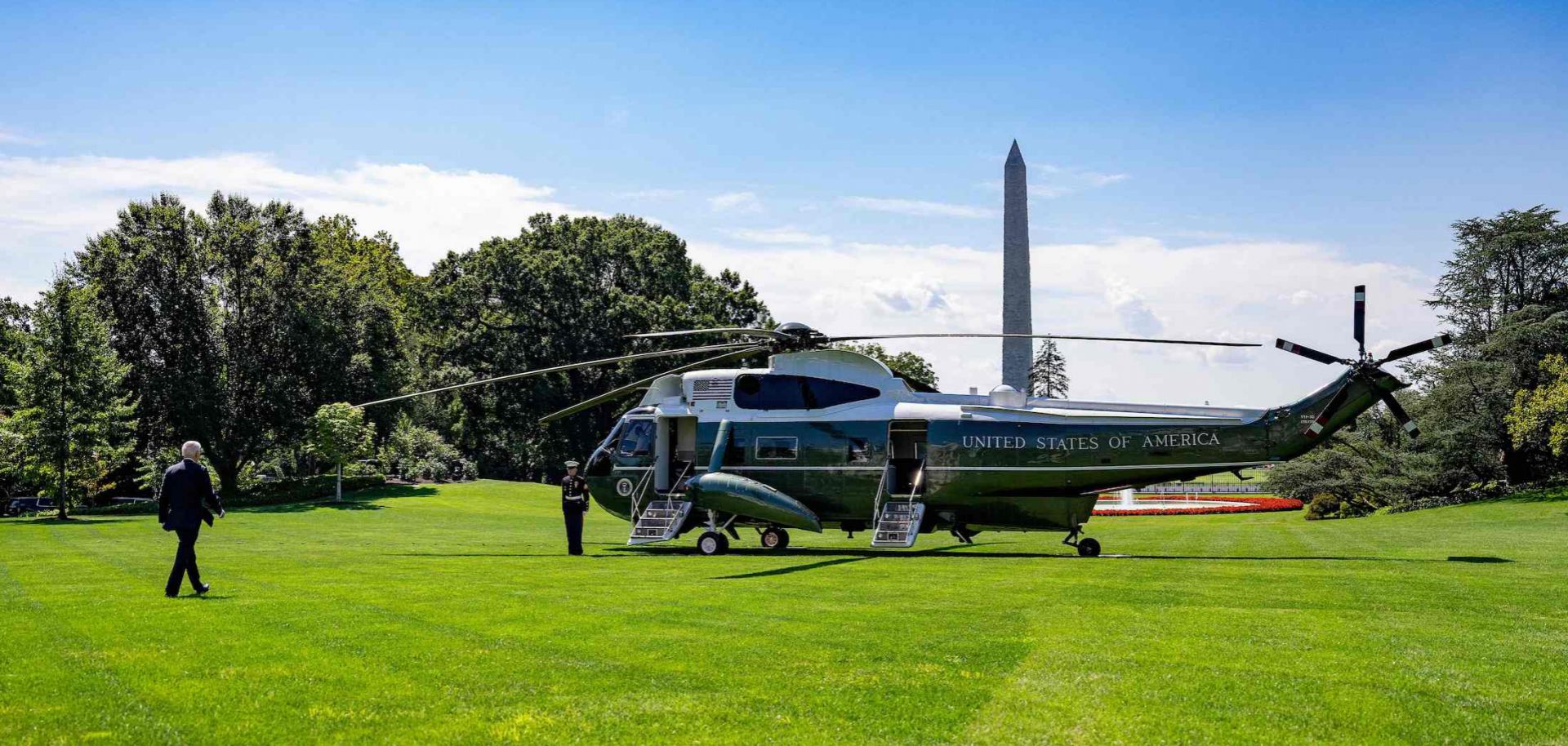 U.S. President Joe Biden boards a helicopter outside the White House in Washington, D.C., on Aug. 17, 2023, as he departs for Camp David in Maryland, where he'll host Japanese Prime Minister Fumio Kishida and South Korean President Yoon Suk Yeol for a trilateral summit.