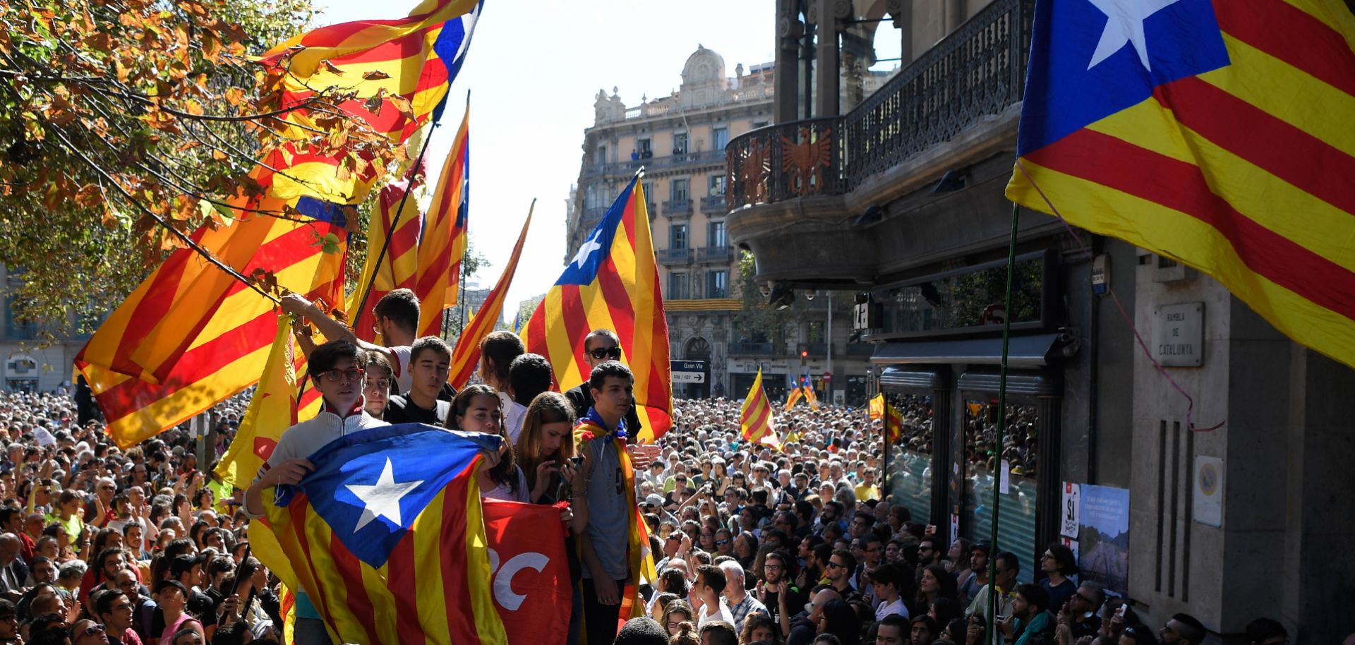 Catalonia's pro-independence flag is on full display during a Sept. 20 protest in Barcelona, Spain.