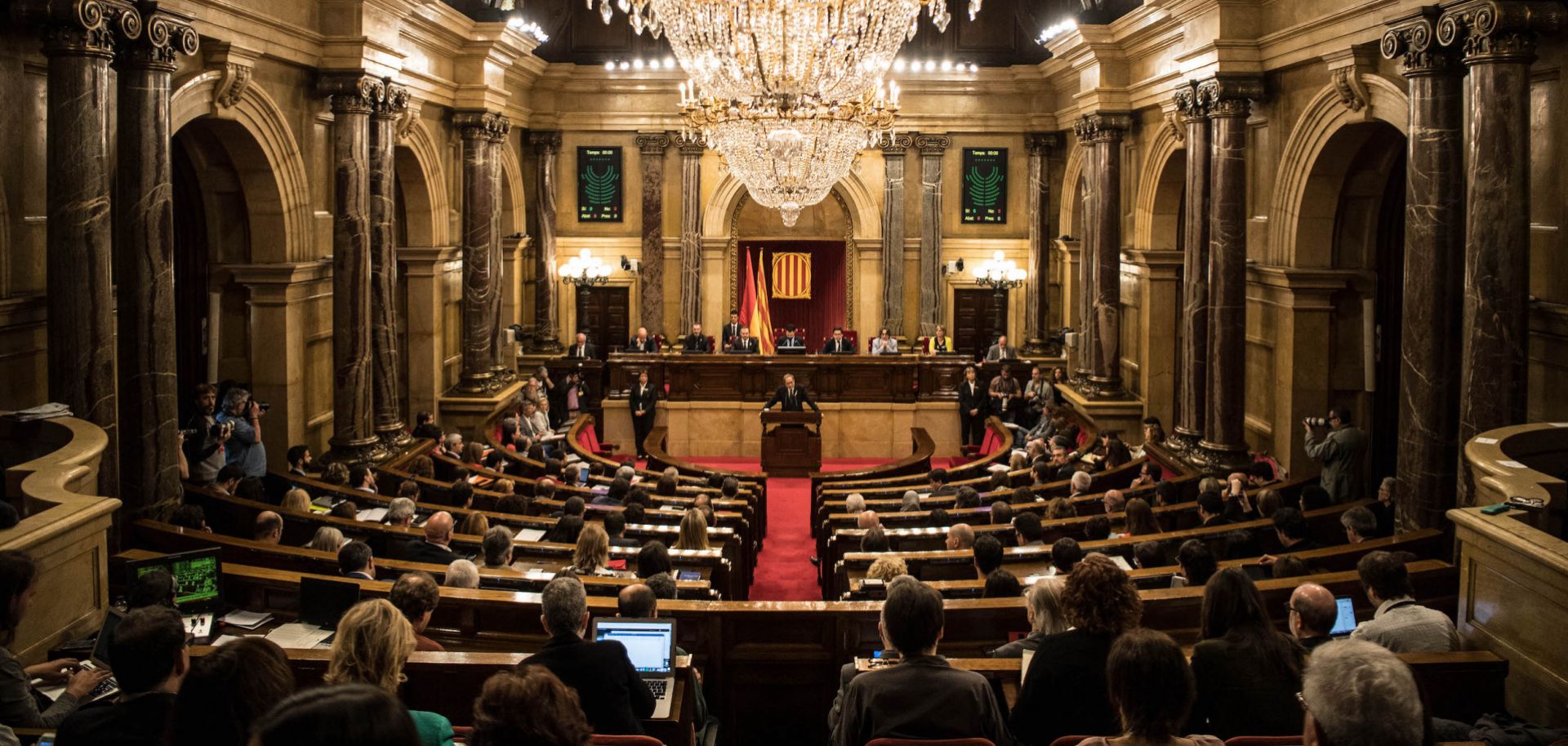 Quim Torra, a strong advocate for Catalan succession, delivers remarks to the regional parliament during his investiture as the region's president on May 14.