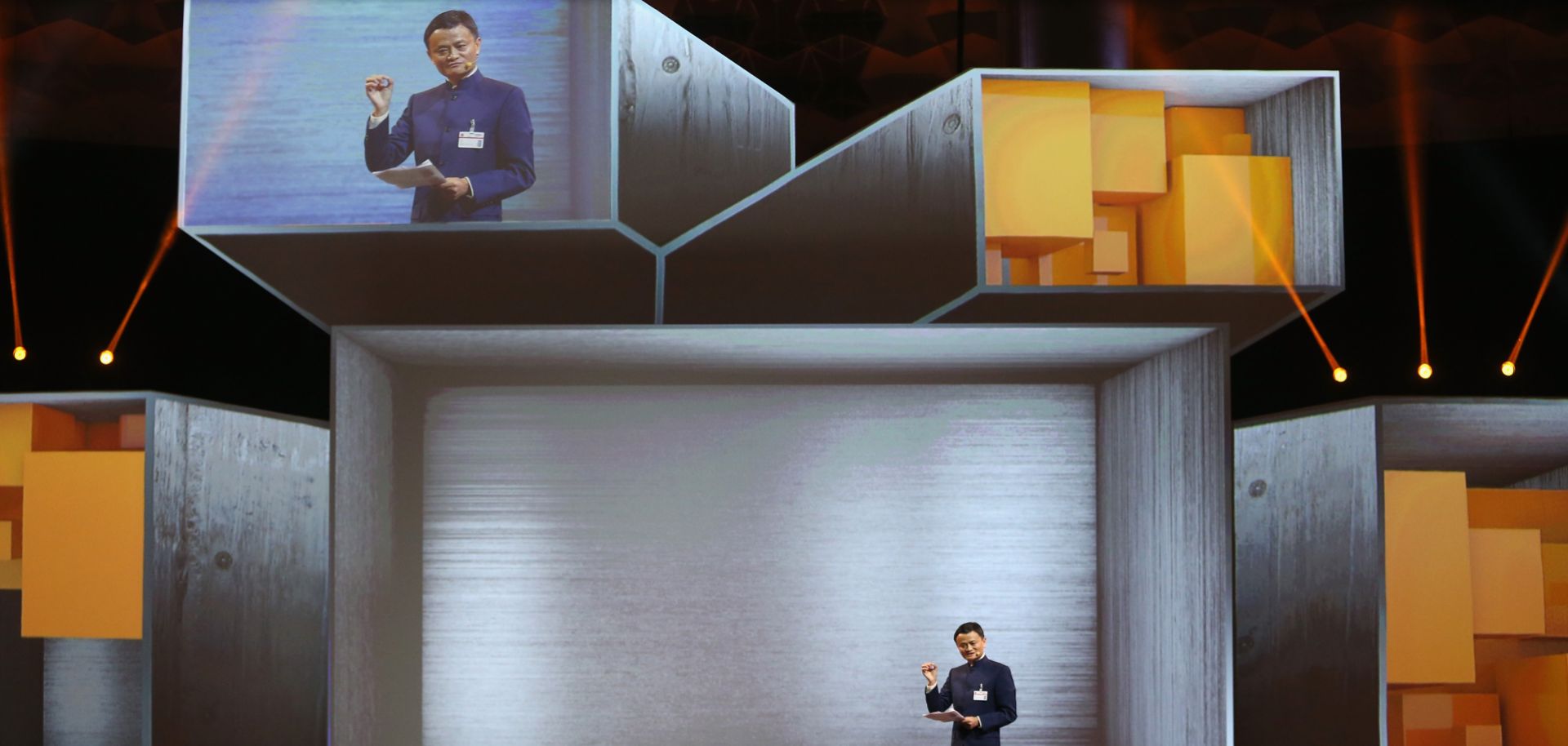 Jack Ma, chairman of China's Alibaba Group, speaks at the 2015 CeBIT expo in Hannover, Germany.