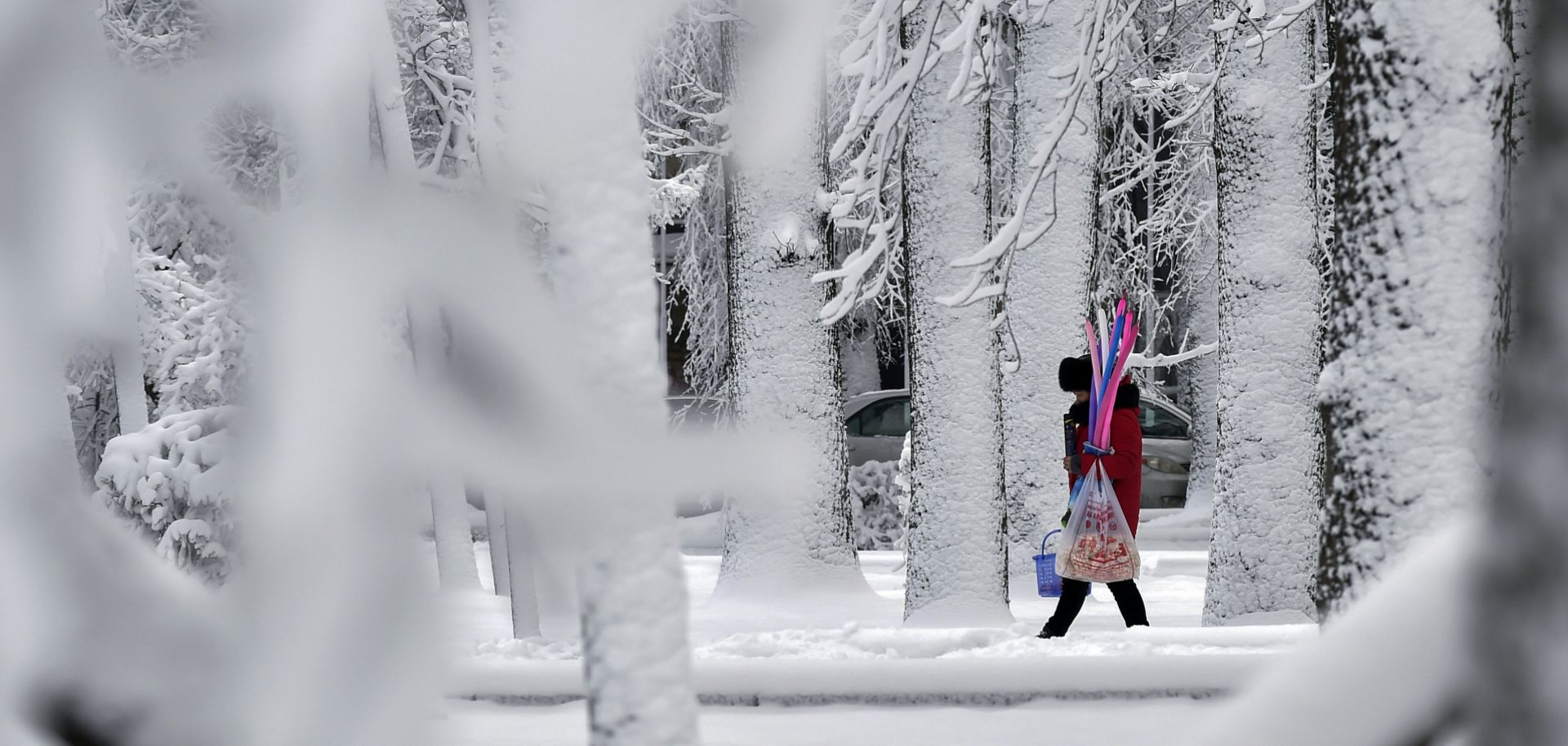 Snow covers a street in Bishkek, the capital of Kyrgyzstan, on Dec. 27, 2017.