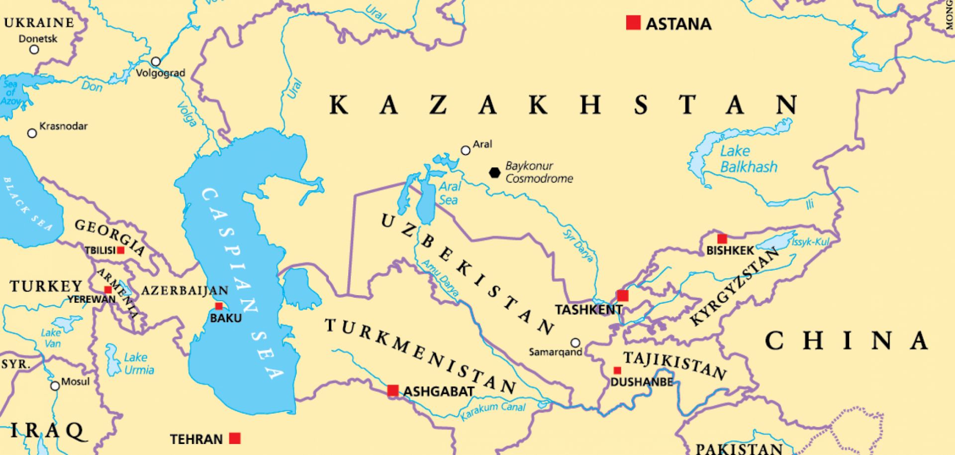 A political map of the Caucasus and Central Asia.