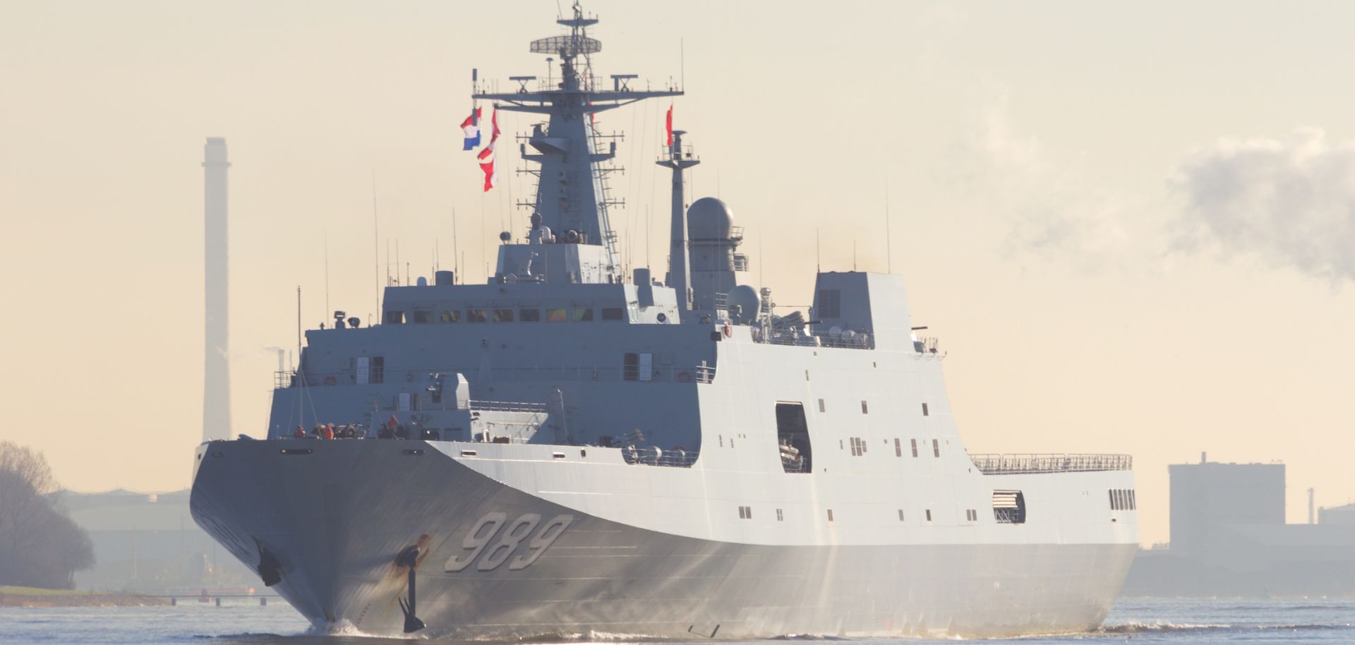 This image shows the Chinese naval ship Changbai Shan, an amphibious transport dock