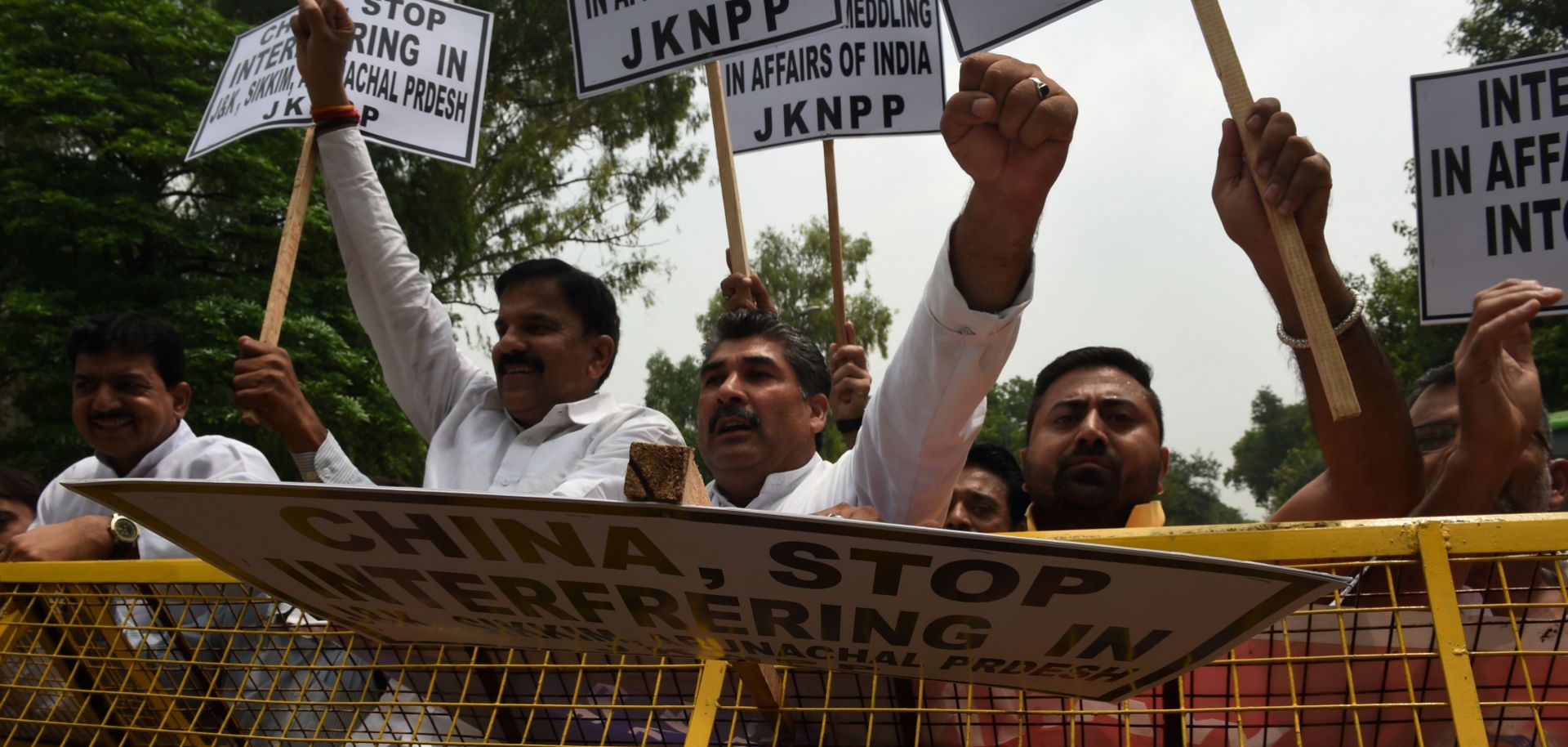 Indian demonstrators gather near the Chinese Embassy in India's capital to protest China's activities in Bhutan.