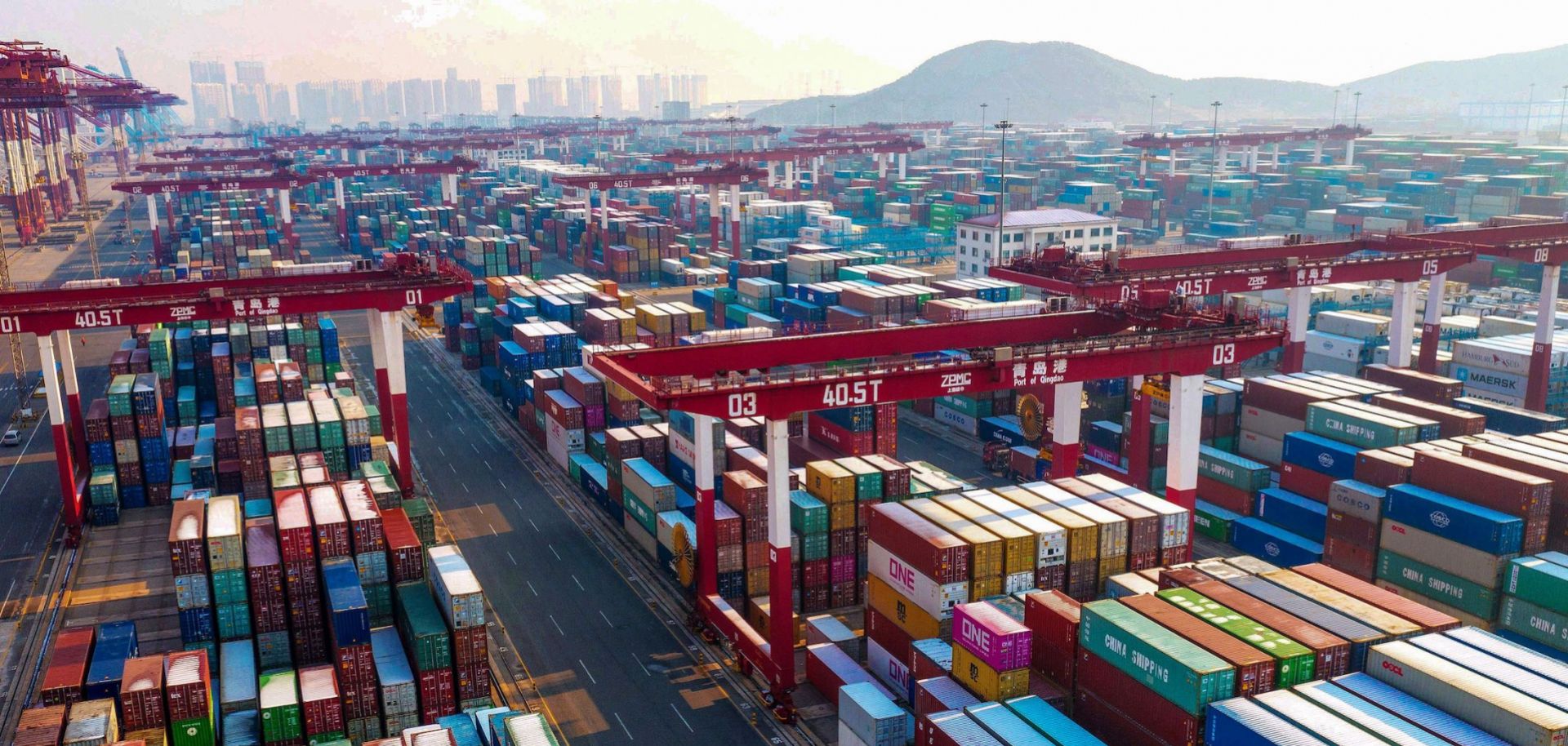 Containers are seen stacked at a port in Qingdao, China, on Jan. 14, 2020. 
