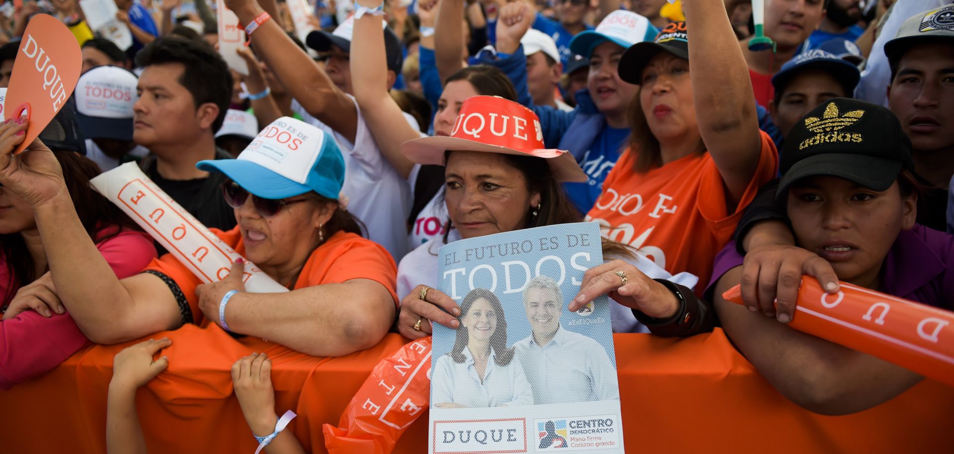 Supporters of Colombian presidential candidate Ivan Duque attend his final campaign rally in Bogota on May 20, ahead of the May 27 presidential election.