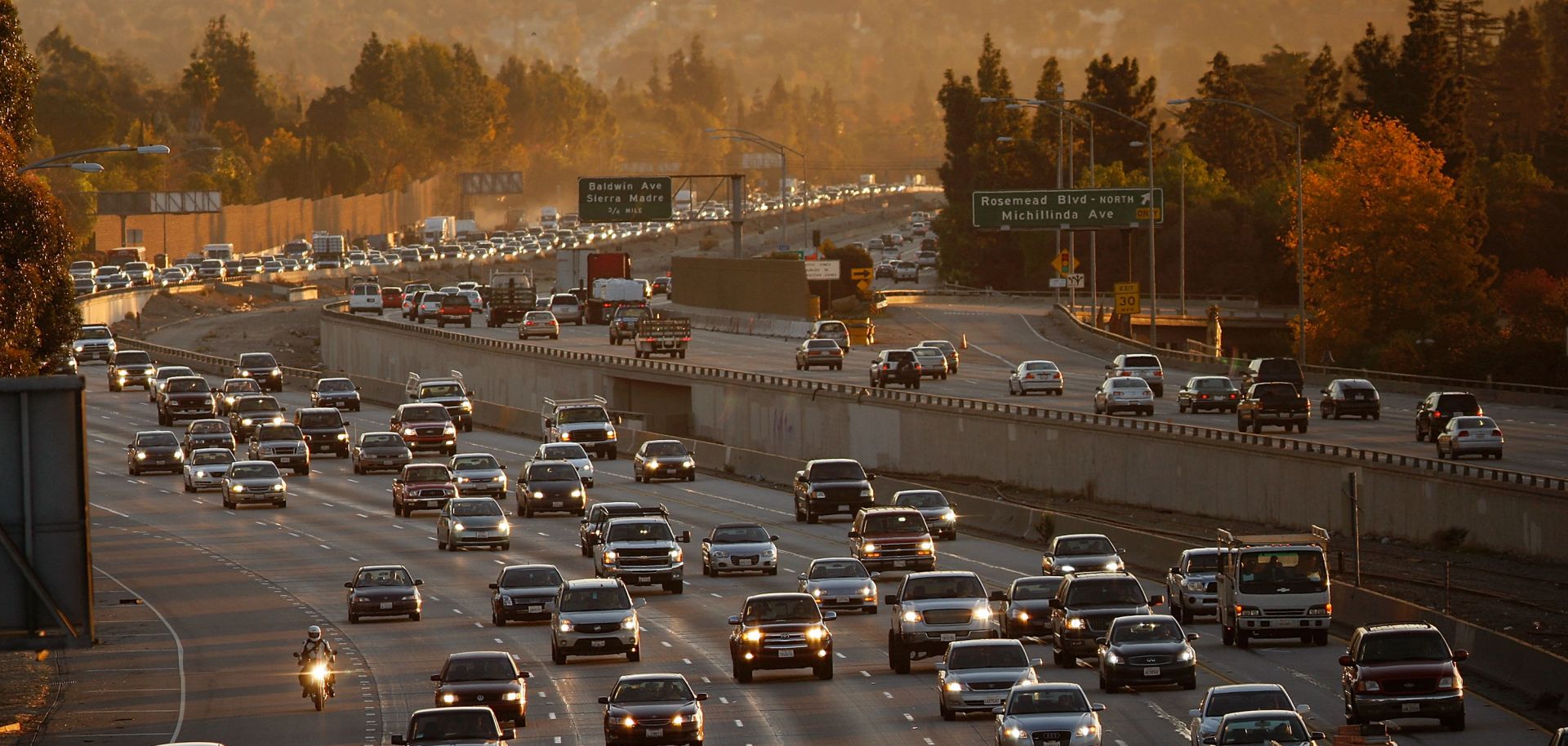 Morning commuters travel eastward from Los Angeles.