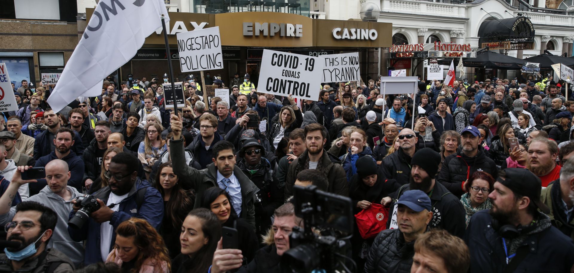 Demonstrators participate in a "March for Freedom" protest in London, the United Kingdom, on Oct. 17, 2020. 