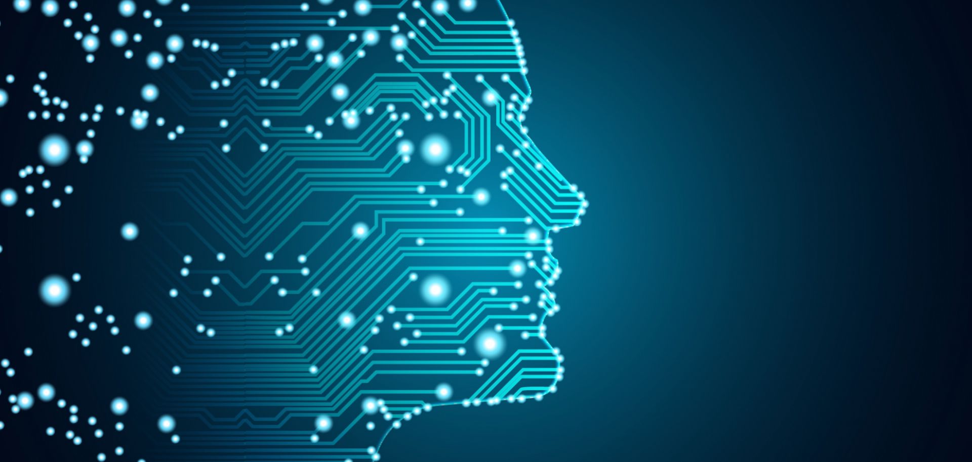 Machine learning and cyber mind domination concept in form of men face outline outline with circuit board and binary data flow on blue background.