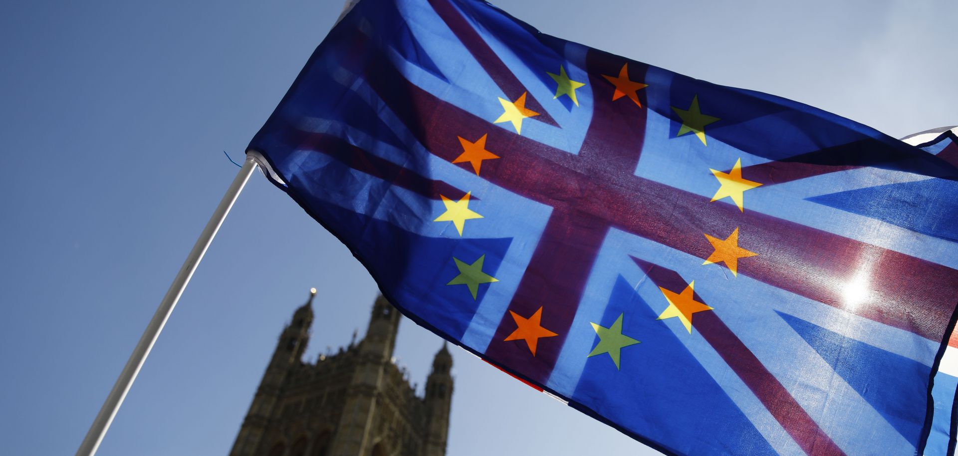 An activist waves a combination of the Union Jack and EU flags near the British Houses of Parliament in London on April 10, 2019.