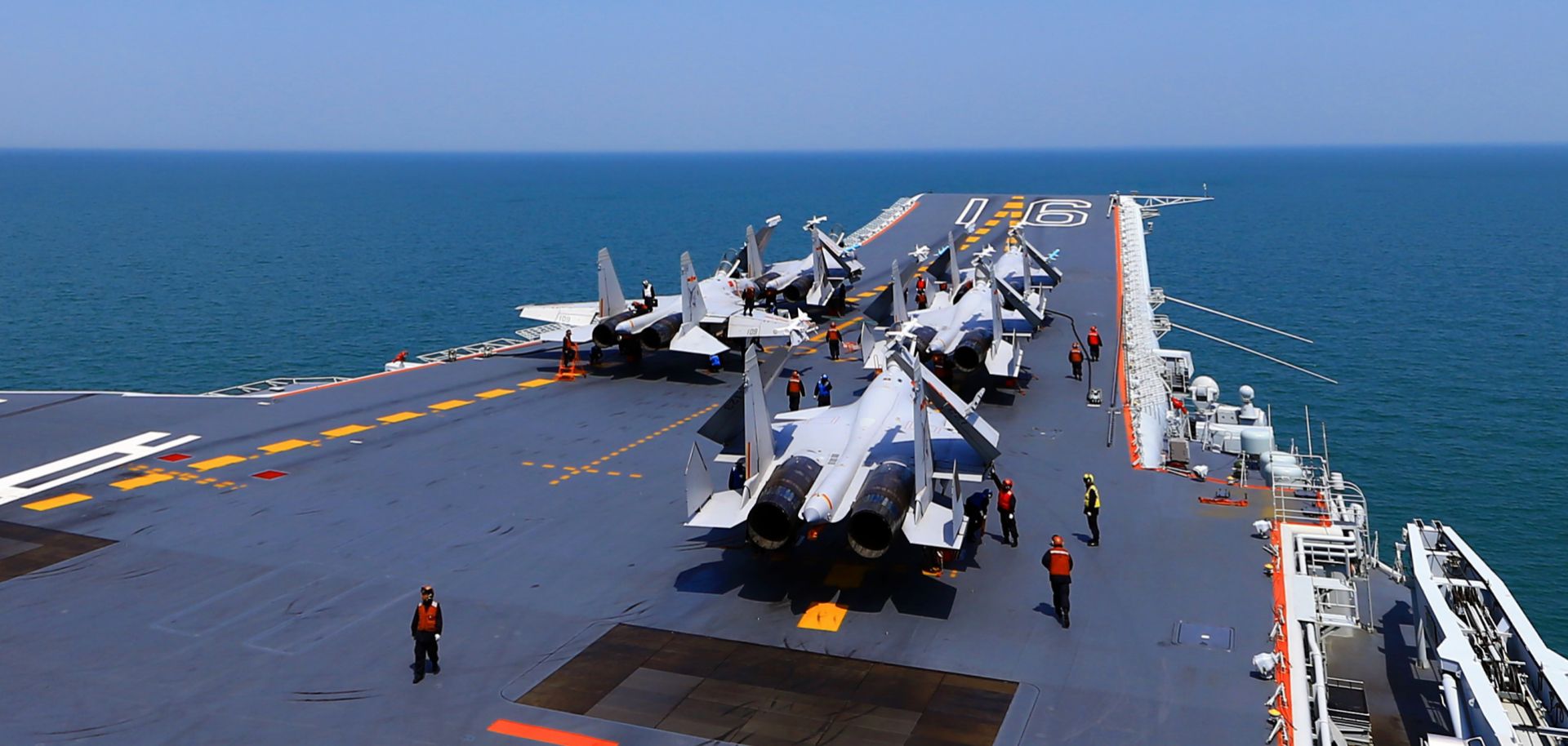 This photo taken on April 24, 2018, shows J-15 fighter jets on China's sole operational aircraft carrier, the Liaoning, during a drill at sea.