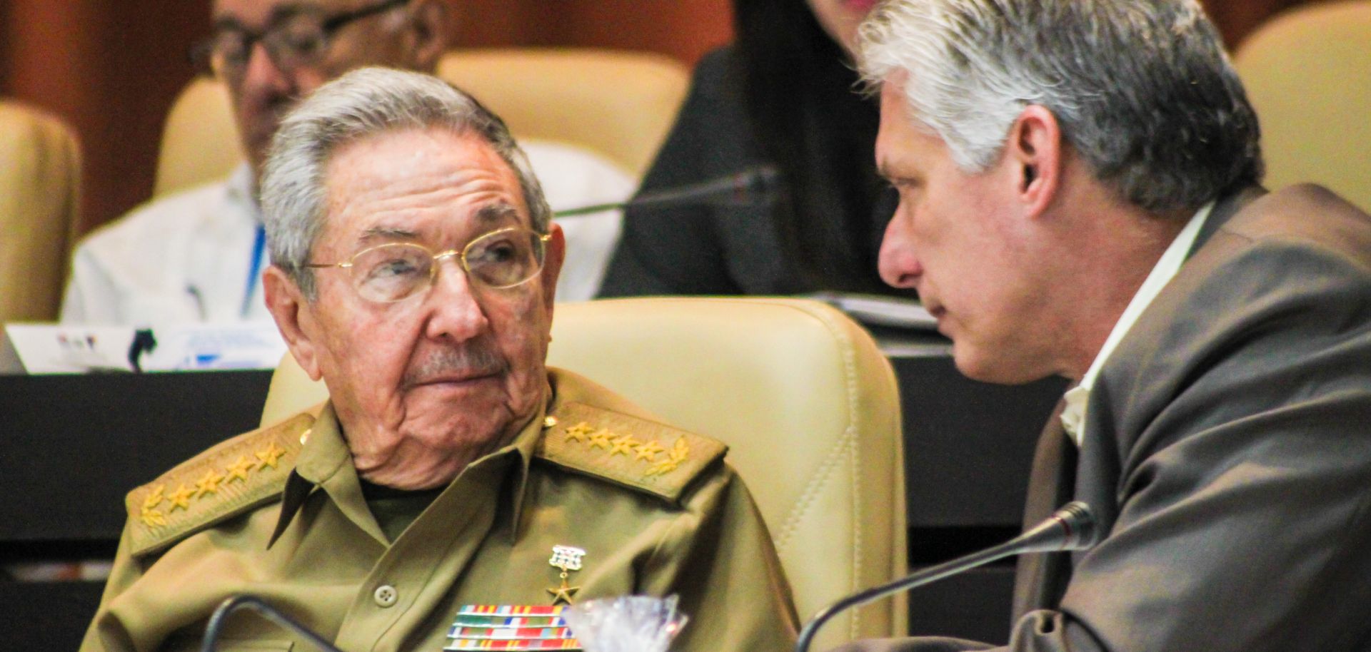 Raul Castro, president of Cuba, talks with Vice President Miguel Diaz-Canel in Havana in 2017.