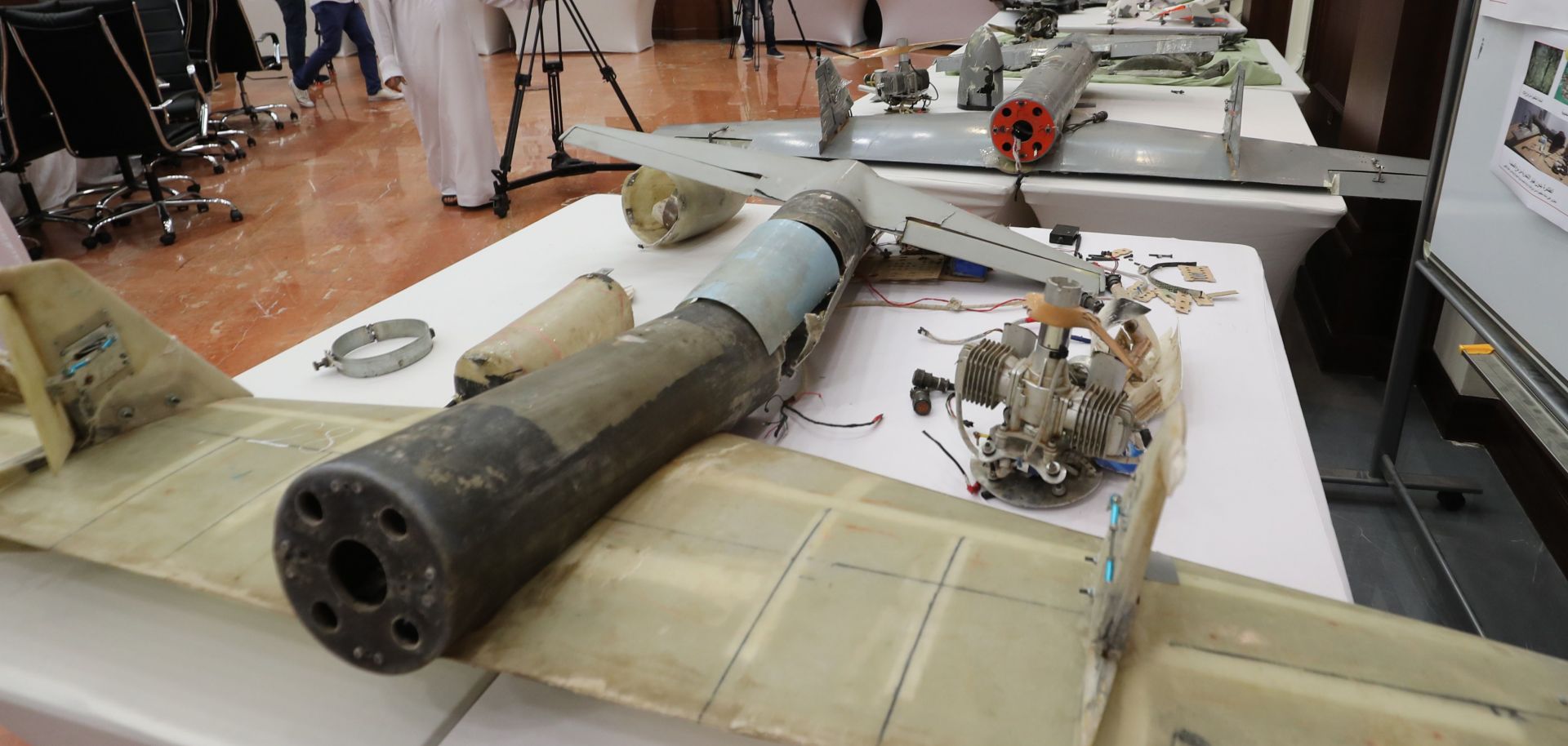 This photo shows remains of drones alleged to have been used by Houthi rebels in Yemen