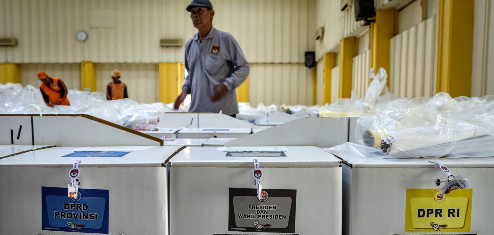 Officials prepare ballot boxes on April 16, 2019, in Jakarta, Indonesia.
