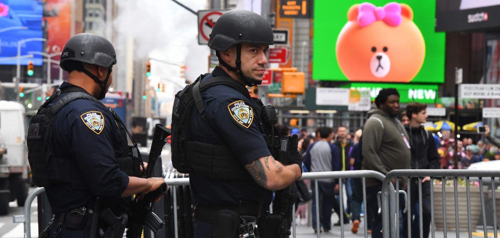 New York City police officers patrol Times Square on May 23, 2017, the morning after the Islamic State claimed responsibility for a suicide bombing at an Ariana Grande concert in the United Kingdom that killed 22 people.