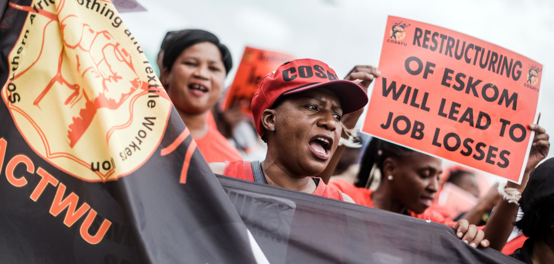 Members of the Congress of South African Trade Unions demonstrate on Feb. 13, 2019, as part of a nationwide strike to protest a possible restructuring on Eskom, South Africa's state-owned electric utility.
