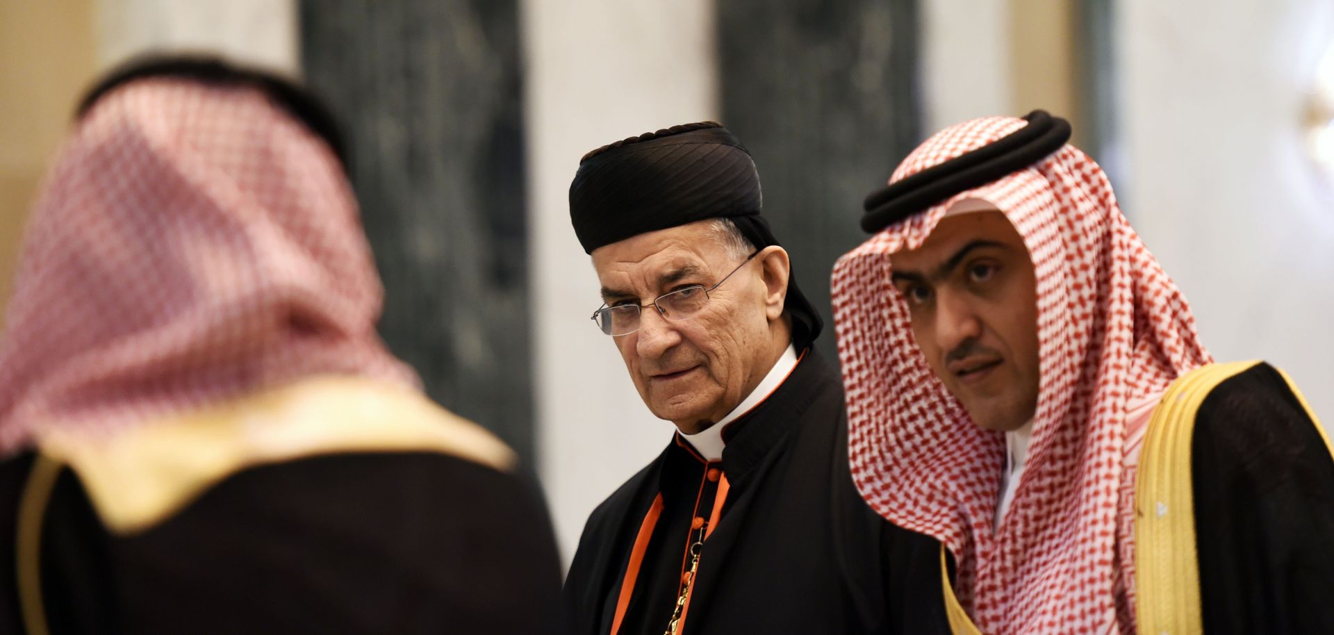 Lebanon's Christian Maronite Patriarch Beshara Rai (C) arrives for a historic first-time meeting with the Saudi crown prince on Nov. 14, 2017, in Riyadh.