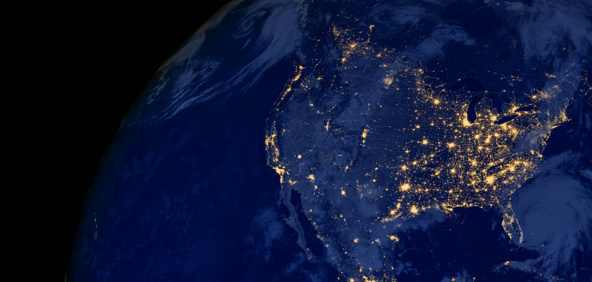 The nighttime lights of the United States are seen from space.
