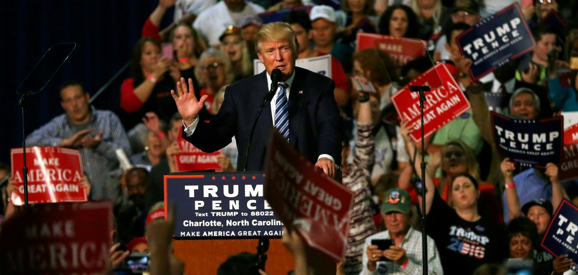 Republican presidential nominee Donald Trump addresses the crowd at a rally in Charlotte, North Carolina, on Oct. 14, 2016.
