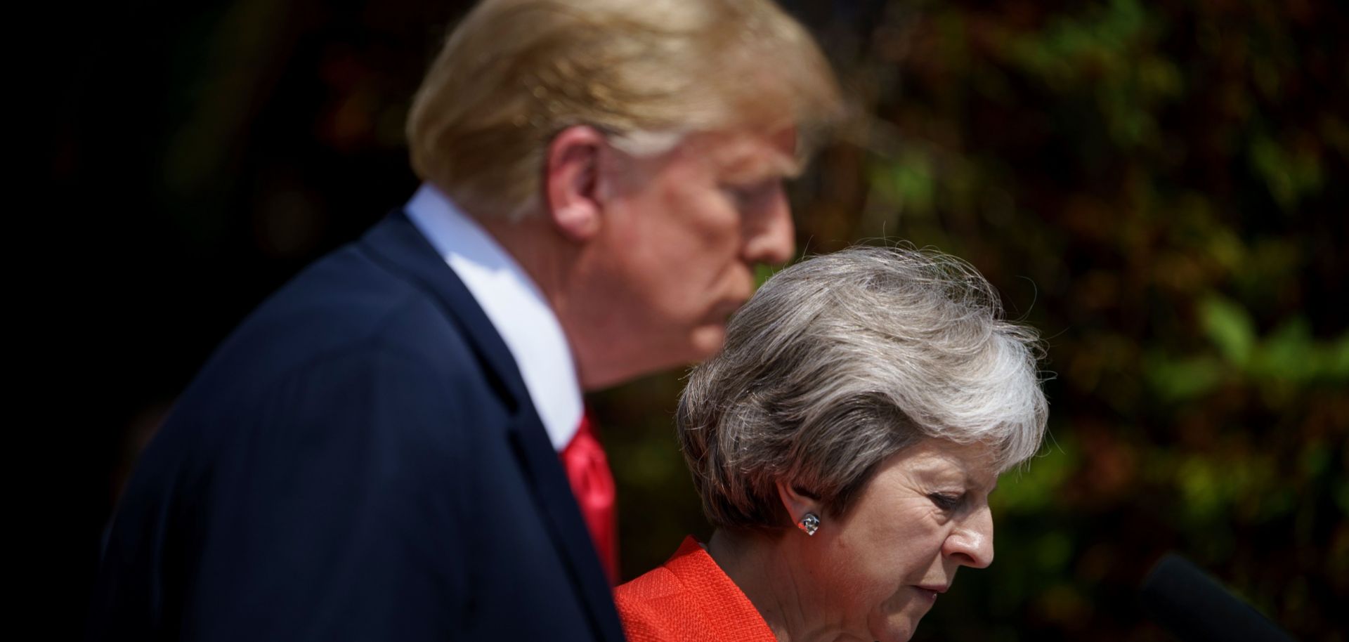 U.S President Donald Trump (L) and British Prime Minister Theresa May prepare to attend a joint press conference in July 2018.