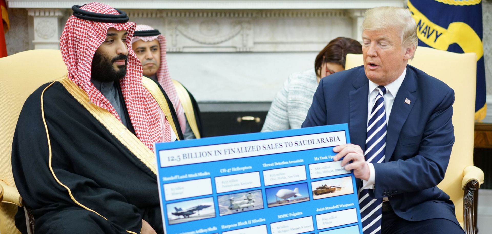 U.S. President Donald Trump (R) holds a defense sales chart with Saudi Arabian Crown Prince Mohammed bin Salman in the Oval Office on March 20. 