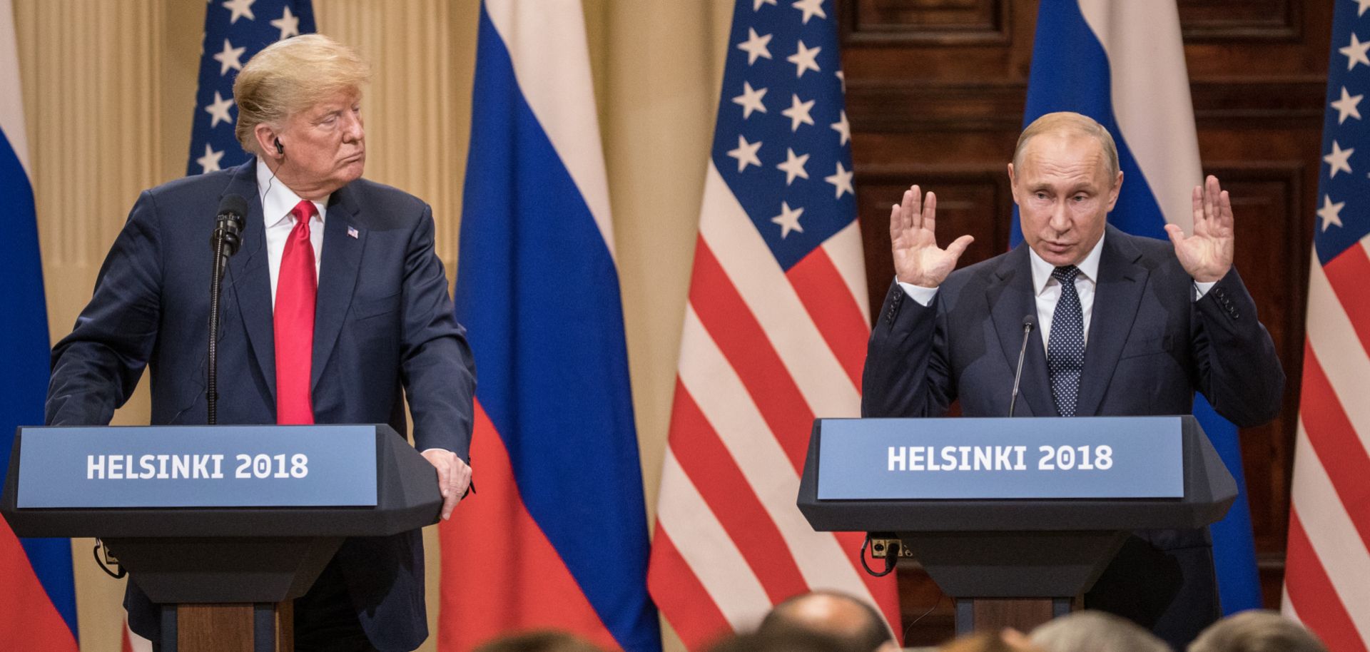 U.S. President Donald Trump (L) and Russian President Vladimir Putin answer questions about the 2016 U.S. Election collusion during a joint press conference after their summit on July 16, 2018, in Helsinki, Finland. 
