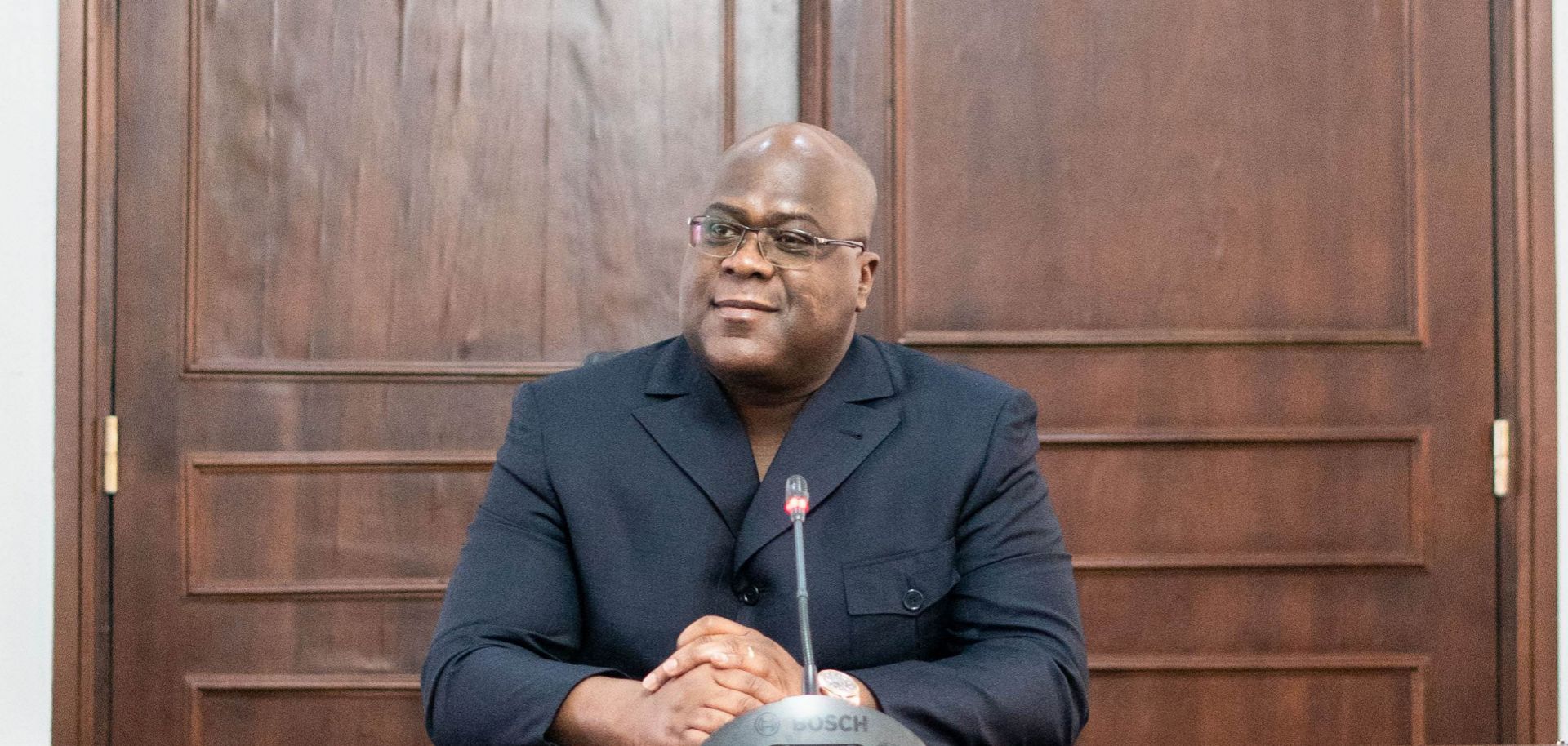 Congolese President Felix Tshisekedi prepares to receive German Foreign Minister Heiko Maas in the presidential palace in Kinshasa on Sept. 5, 2019.