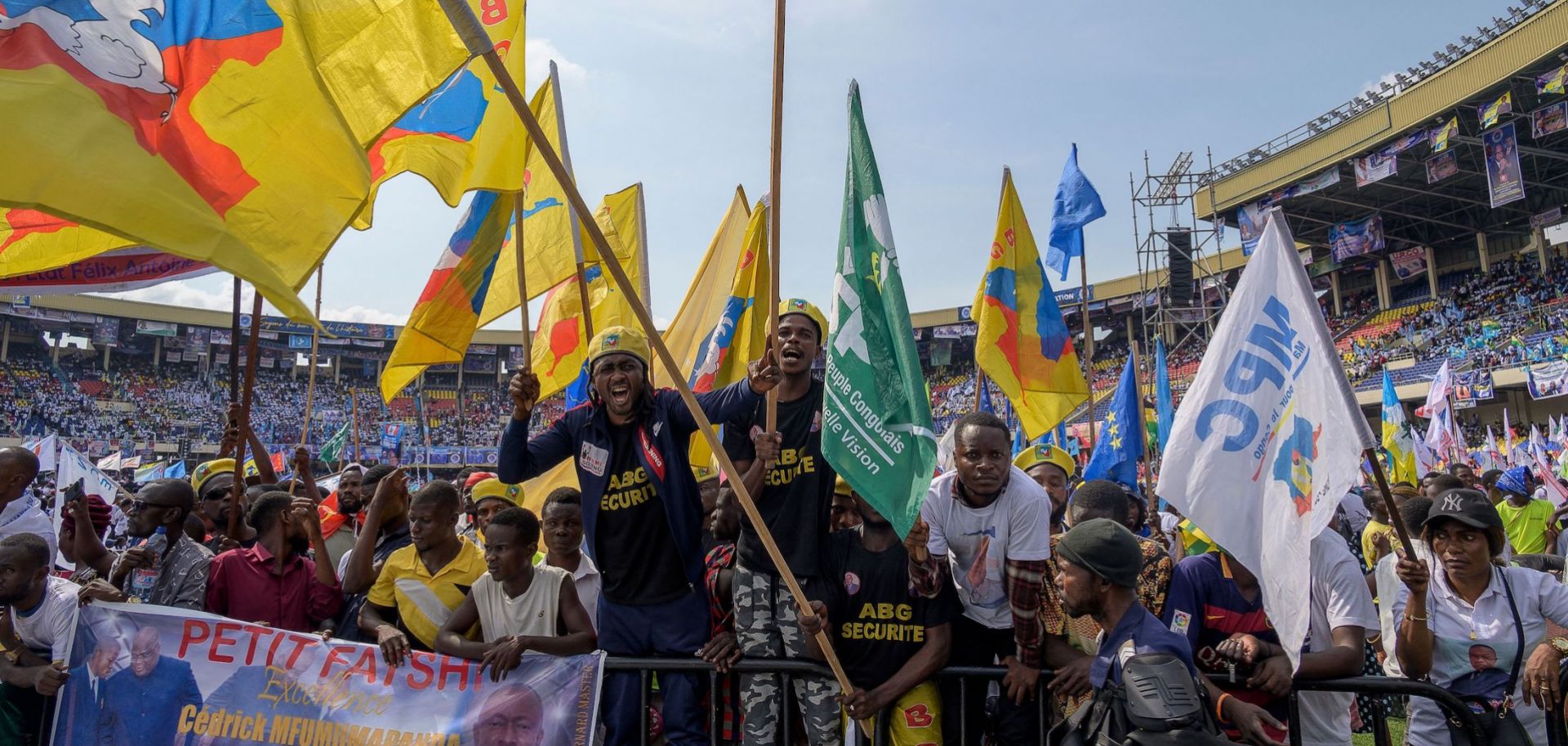 Supporters of the Democratic Republic of the Congo's ruling Sacred Union coalition gather at the Martyrs Stadium in Kinshasa on April 29, 2023.