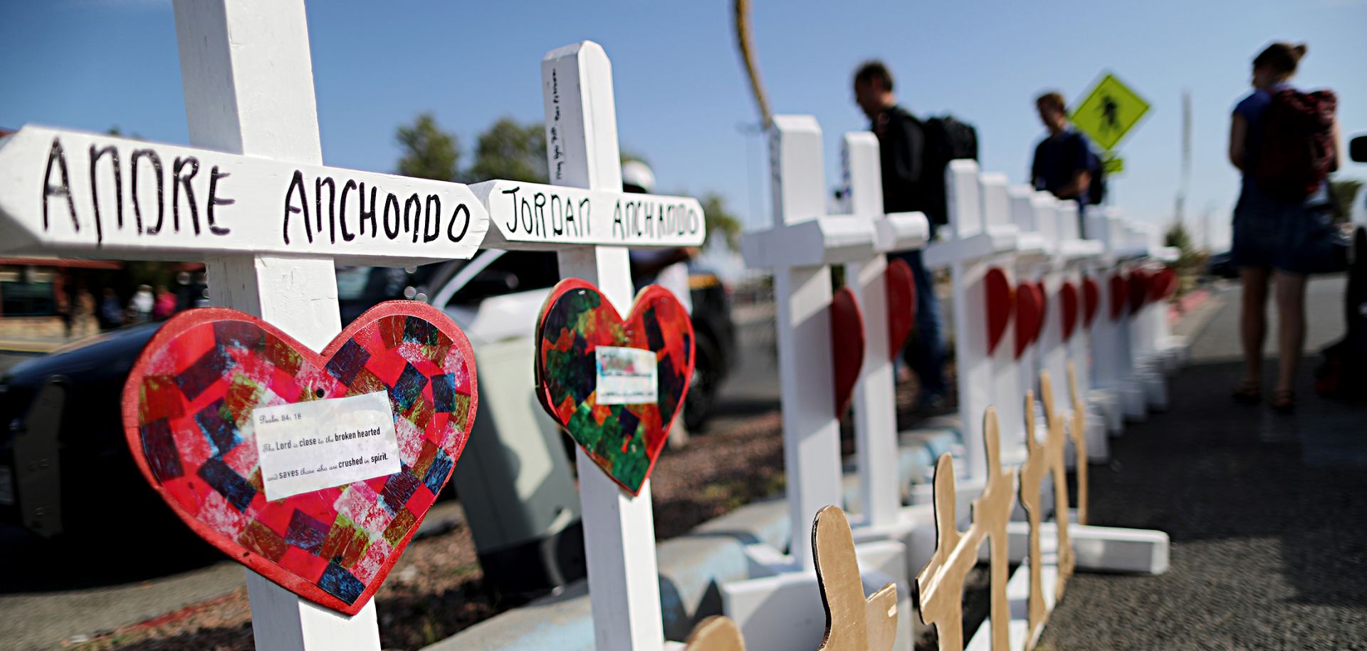 Handmade crosses memorialize the victims of a mass shooting in El Paso, Texas, on Aug. 5, 2019.