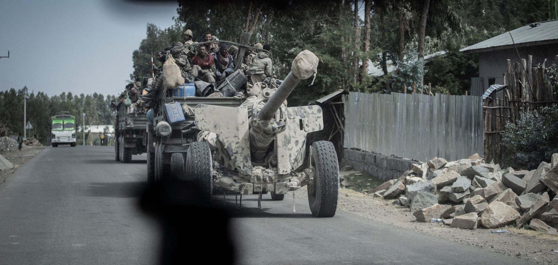 Ethiopian military forces transport a Saeer KS-19 automatic 100 mm anti-aircraft gun Dec. 5, 2021, in Shewa Robit, Ethiopia.