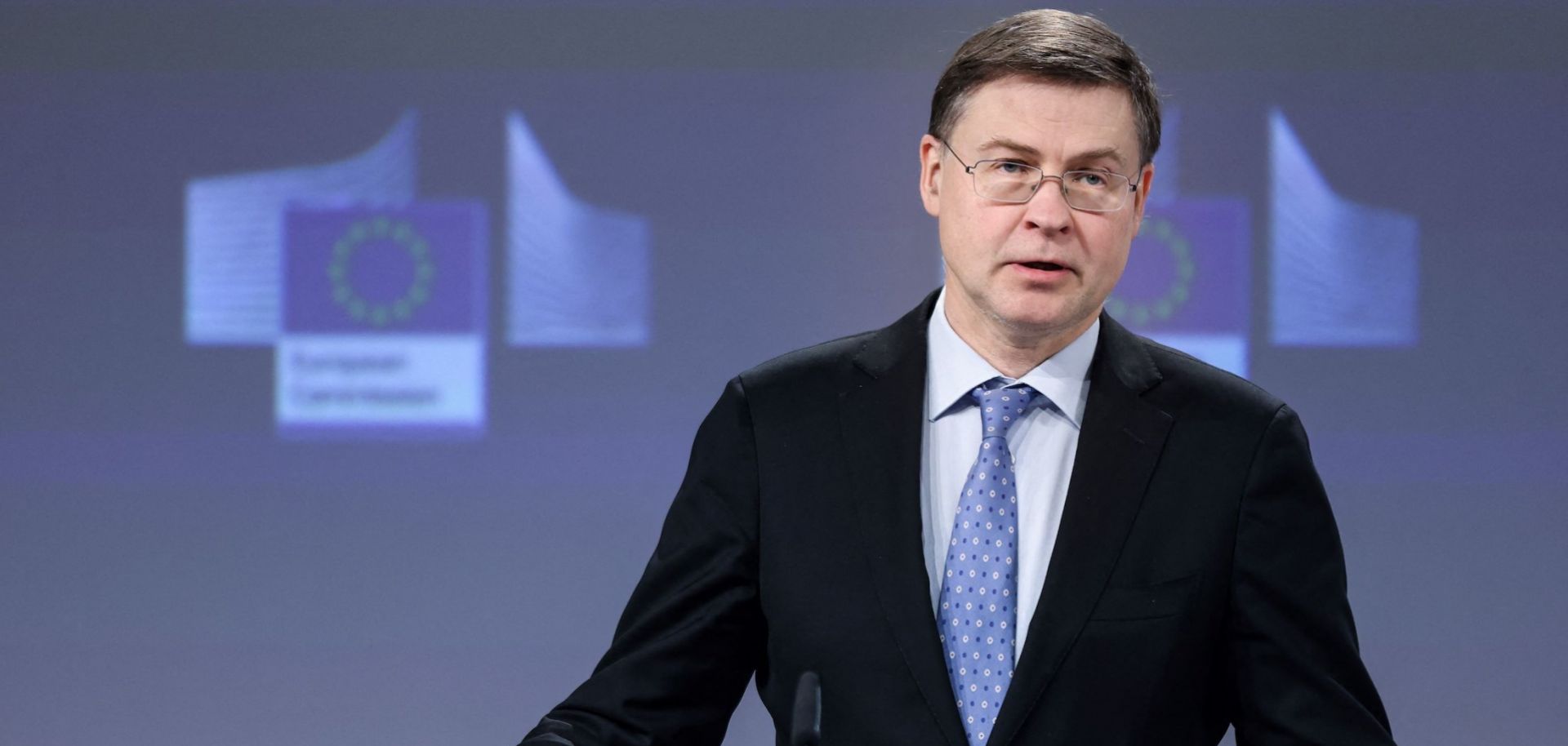 EU Commissioner for Trade Valdis Dombrovskis speaks March 16, 2023, in Brussels.