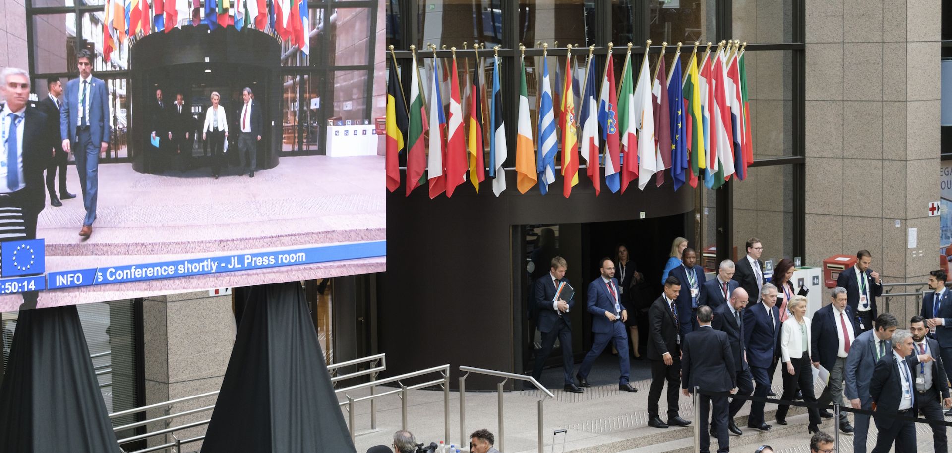 Leaders of the summit between the European Union and the Community of Latin American and Caribbean States (CELAC) walk for a press conference on July 18, 2023, in Brussels, Belgium. From left to right are European Council President Charles Michel, Argentine President Alberto Fernandez, European Commission President Ursula von der Leyen, and Saint Vincent and the Grenadines Prime Minister Ralph Gonsalves, who is also the current president of CELAC.