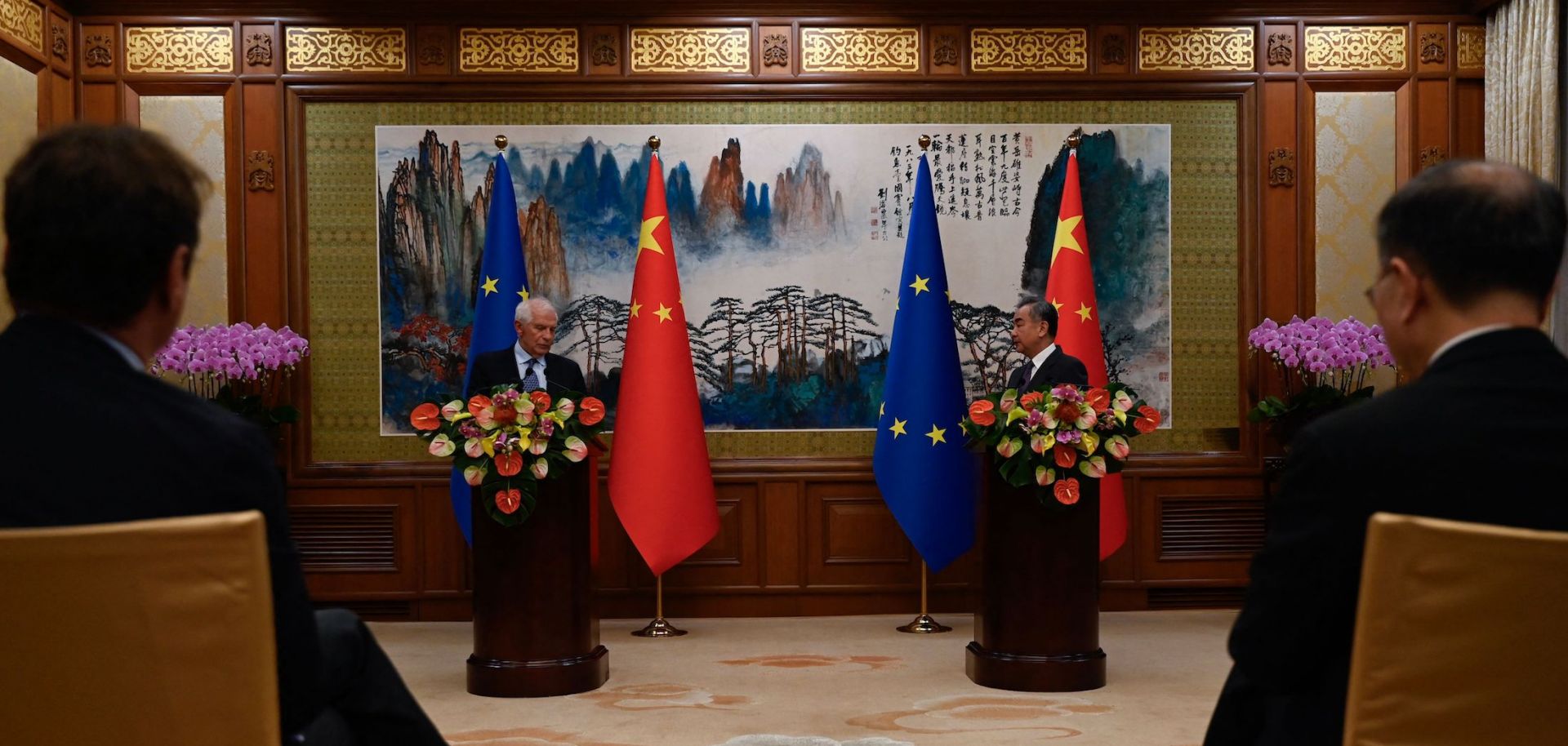 EU foreign policy chief Josep Borrell (left) and Chinese Foreign Minister Wang Yi attend a meeting in Beijing on Oct. 13, 2023. 