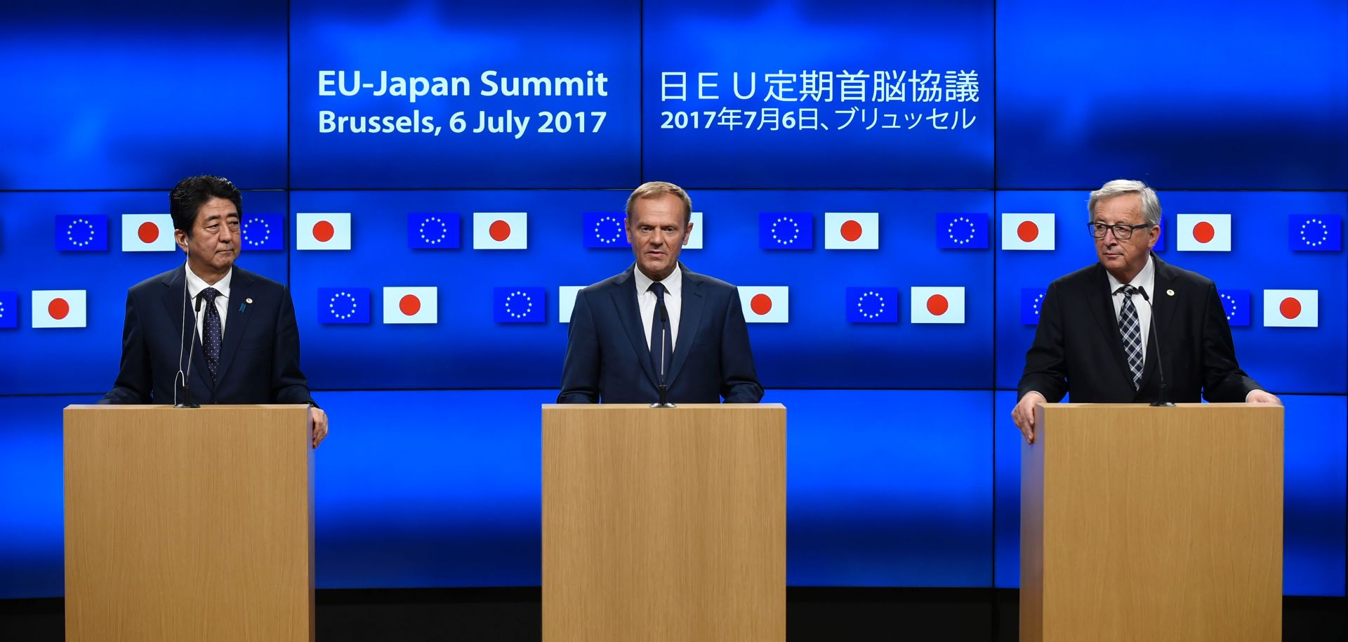 In this photograph, Japanese Prime Minister Shinzo Abe (left to right), European Council President Donald Tusk and European Commission President Jean-Claude Juncker speak at a news conference after an EU-Japan summit in Brussels on July 6, 2017.