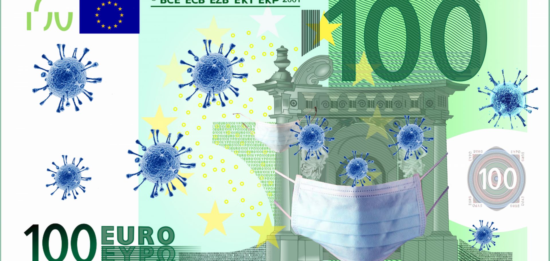 An illustration of a microscope image of the new coronavirus and a surgical mask overlaying a 100 euro banknote.