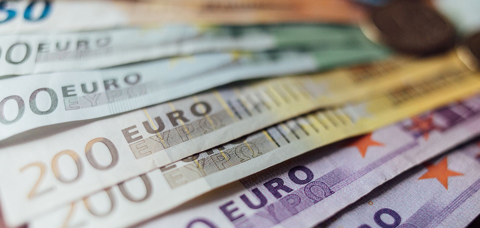 This photo shows fanned-out 50, 100, 200 and 500 banknotes of the euro, the currency of the eurozone.